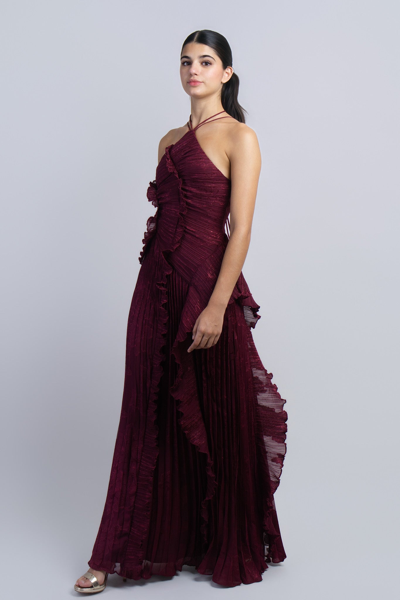 Burgundy Floral Ruffle Gown