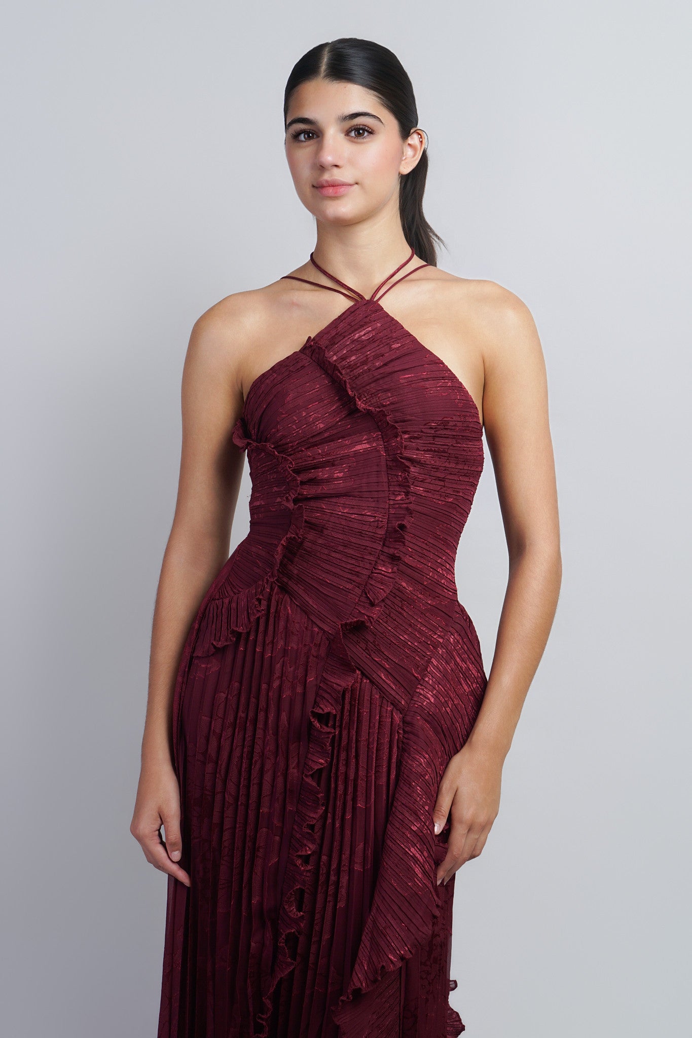 Burgundy Floral Ruffle Gown