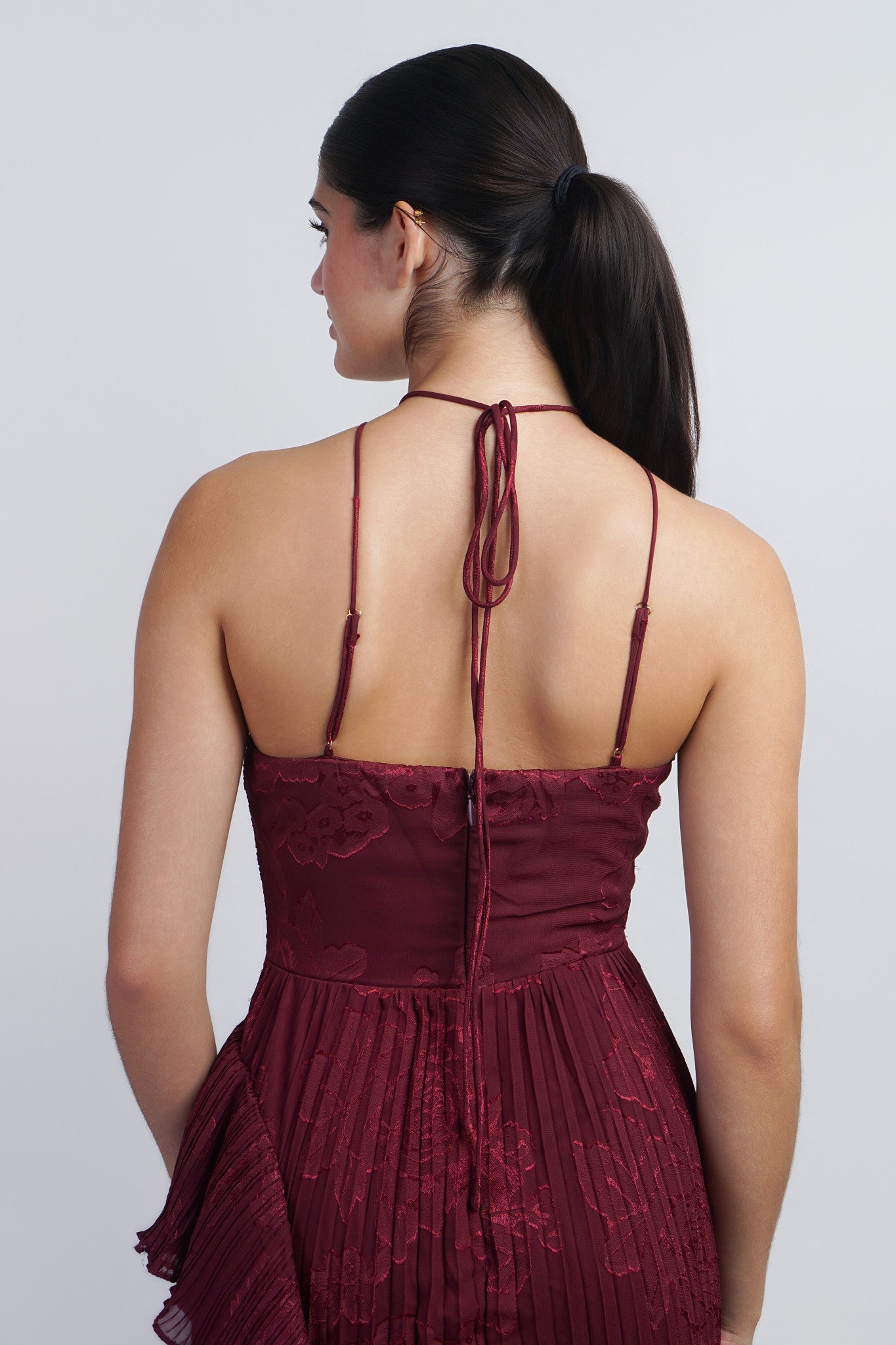 Burgundy Floral Ruffle Gown