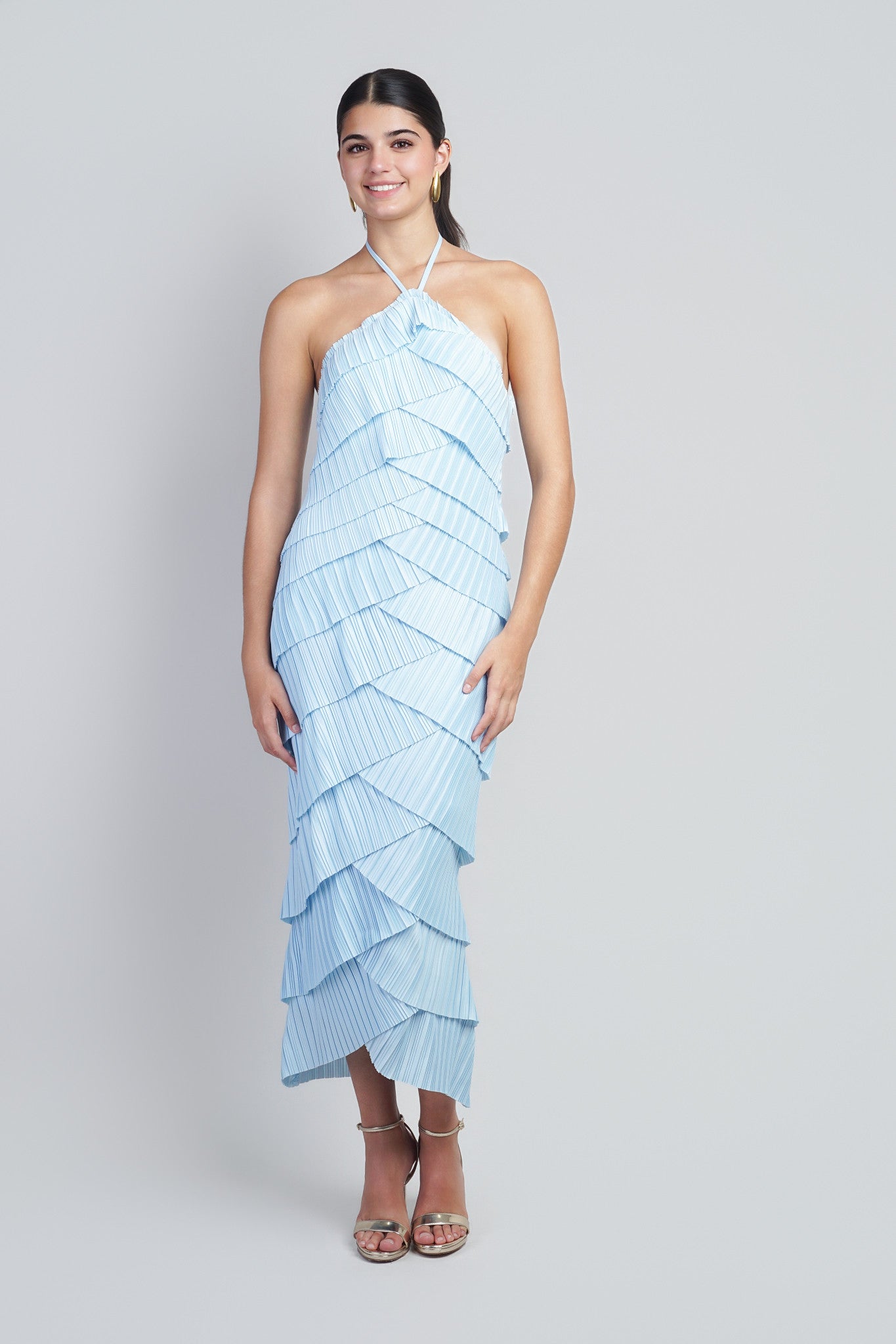 LT Blue Pleated Over lapping  Strap Halter Dress