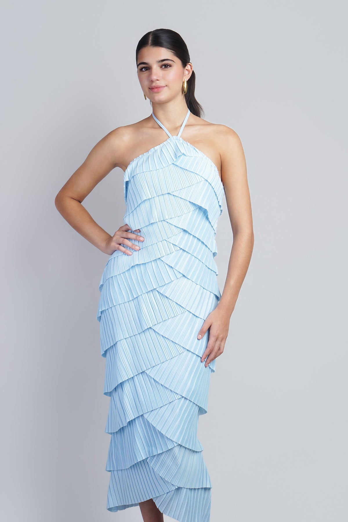 LT Blue Pleated Over lapping  Strap Halter Dress