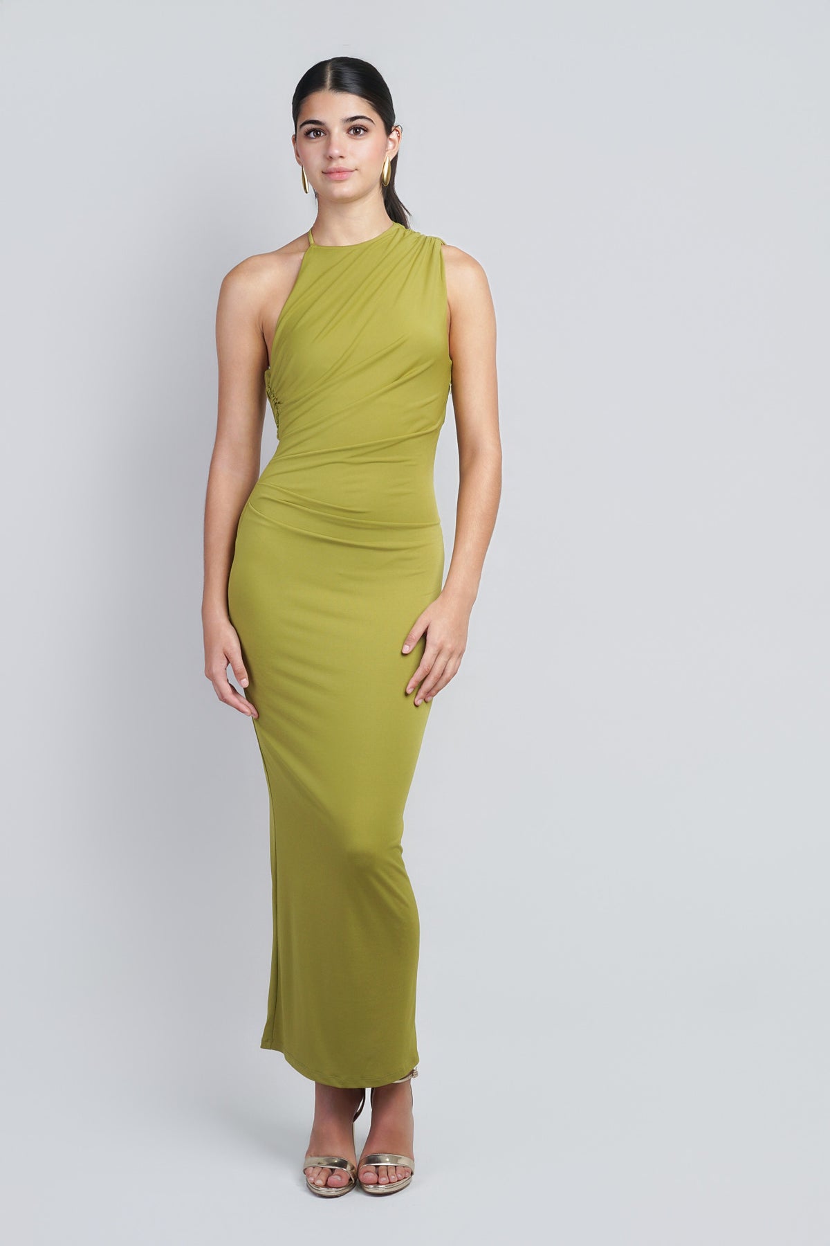 Chartreuse Asymmetric Open-Back Maxi Dress