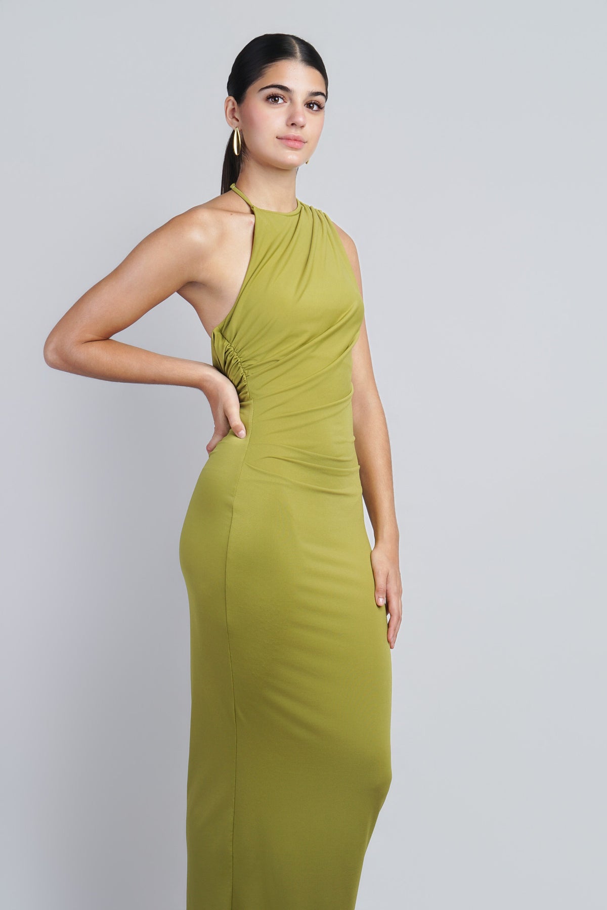 Chartreuse Asymmetric Open-Back Maxi Dress