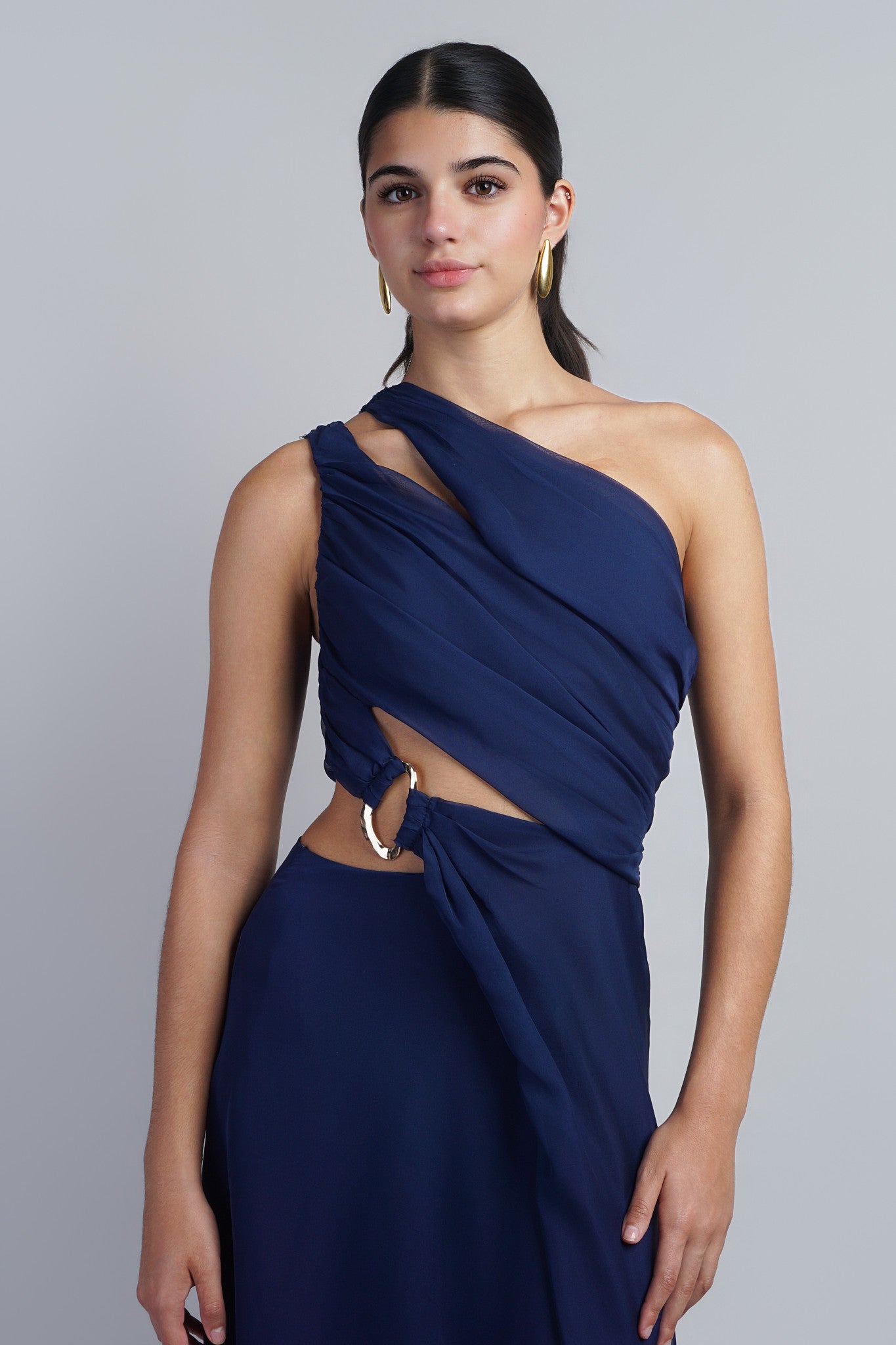 Navy One Shoulder Cutout Maxi Dress
