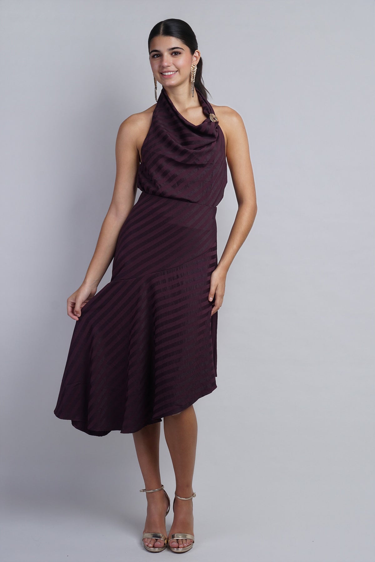 Plum Stripe Asym Midi Skirt