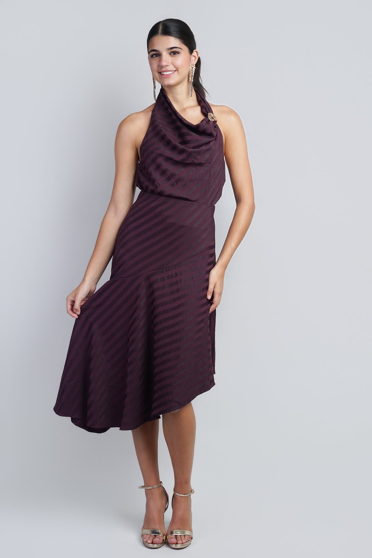 Plum Stripe Asym Midi Skirt