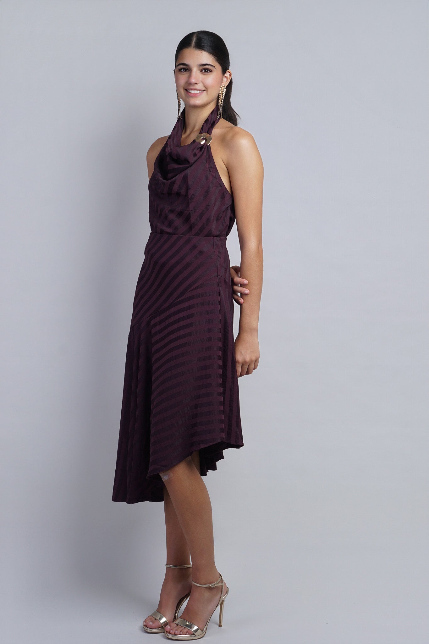Plum Stripe Asym Midi Skirt