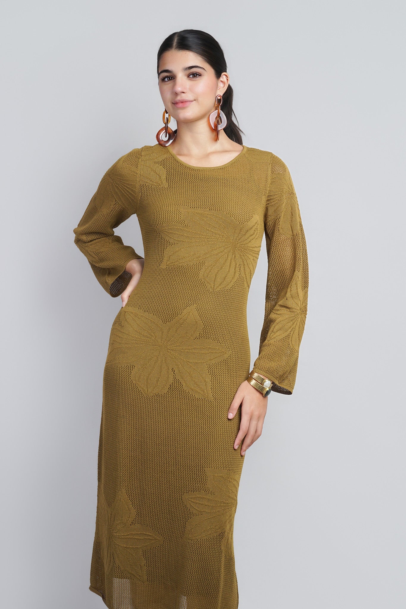 Olive Flower Motif Long Sleeve Crochet Midi Dress