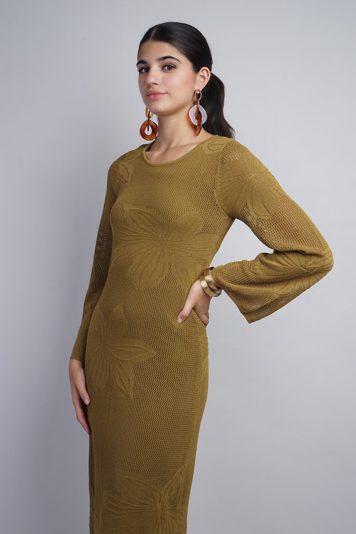 Olive Flower Motif Long Sleeve Crochet Midi Dress