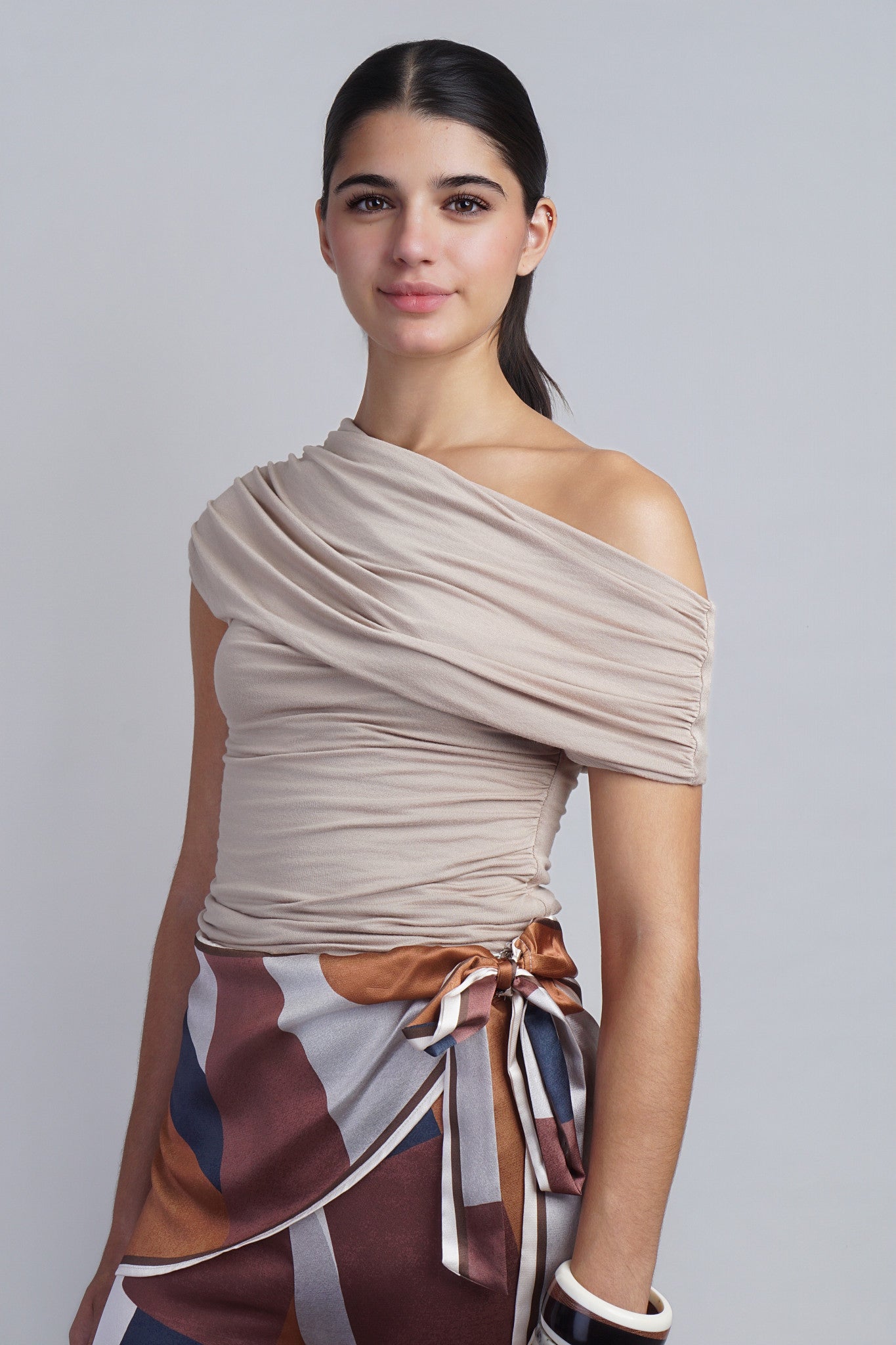 Taupe Relaxed Fit With Draped Detail SSLV Top
