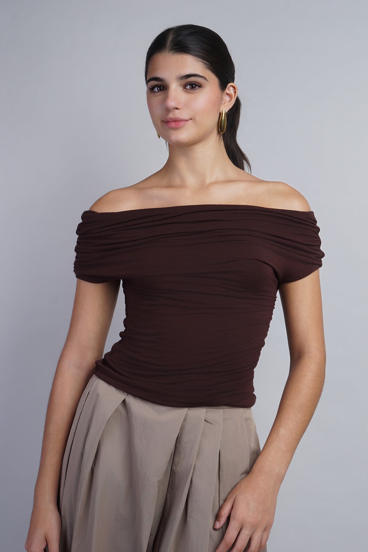 Brown Relaxed Fit With Draped Detail SSLV Top