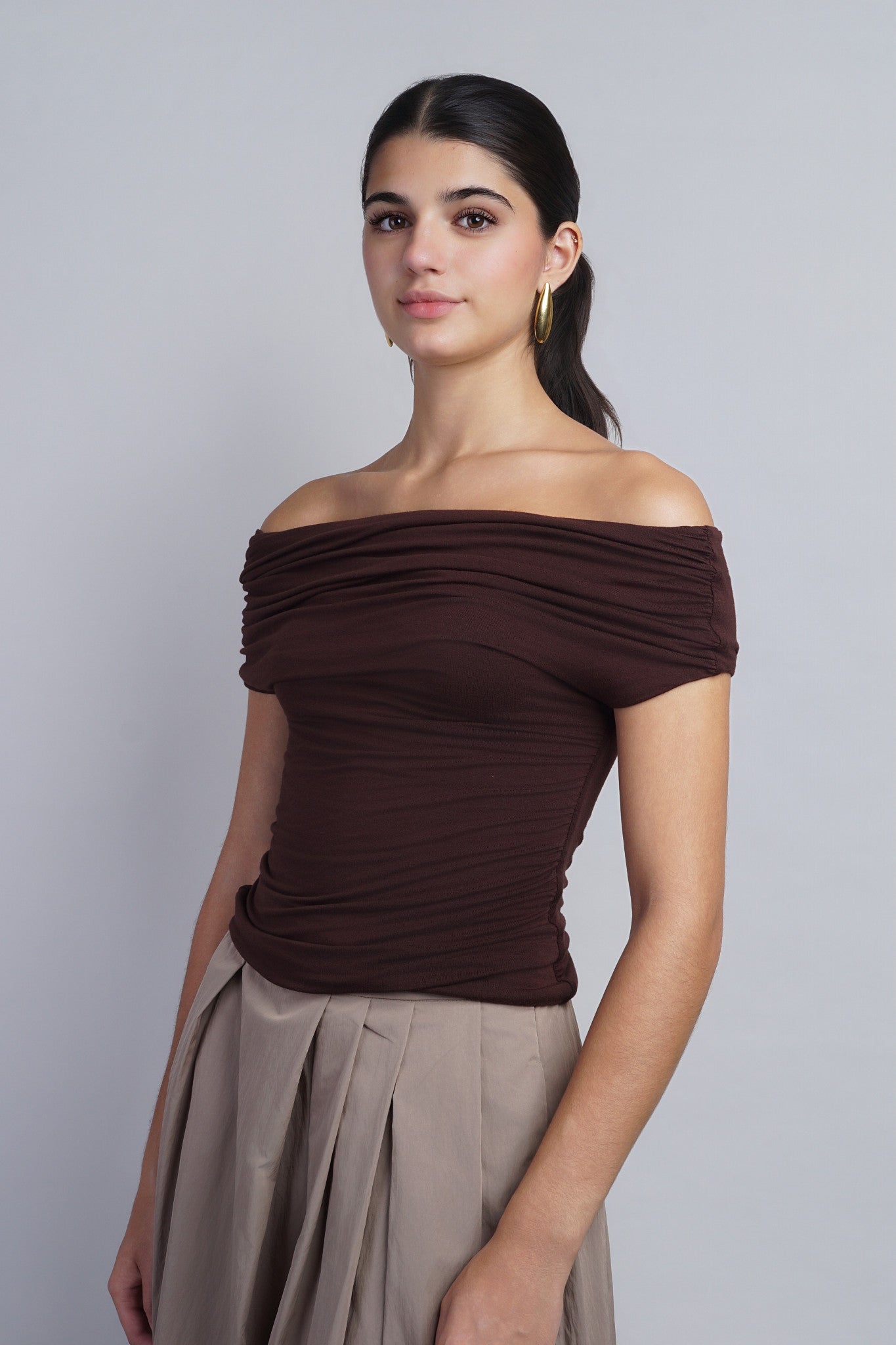 Brown Relaxed Fit With Draped Detail SSLV Top