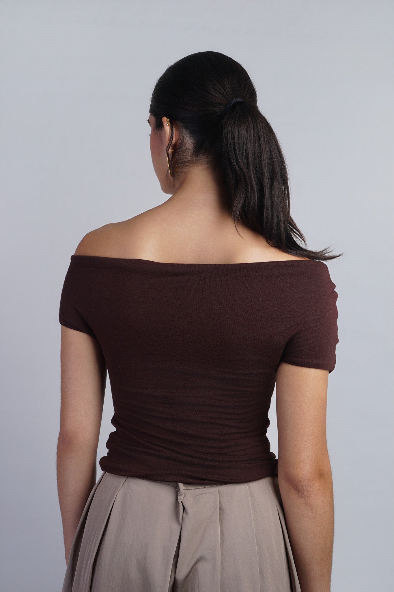 Brown Relaxed Fit With Draped Detail SSLV Top