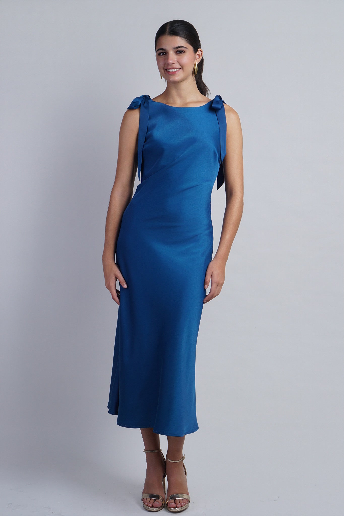 Cobalt Solid Satin Cowl Back Sleeveless Bow Midi Dress