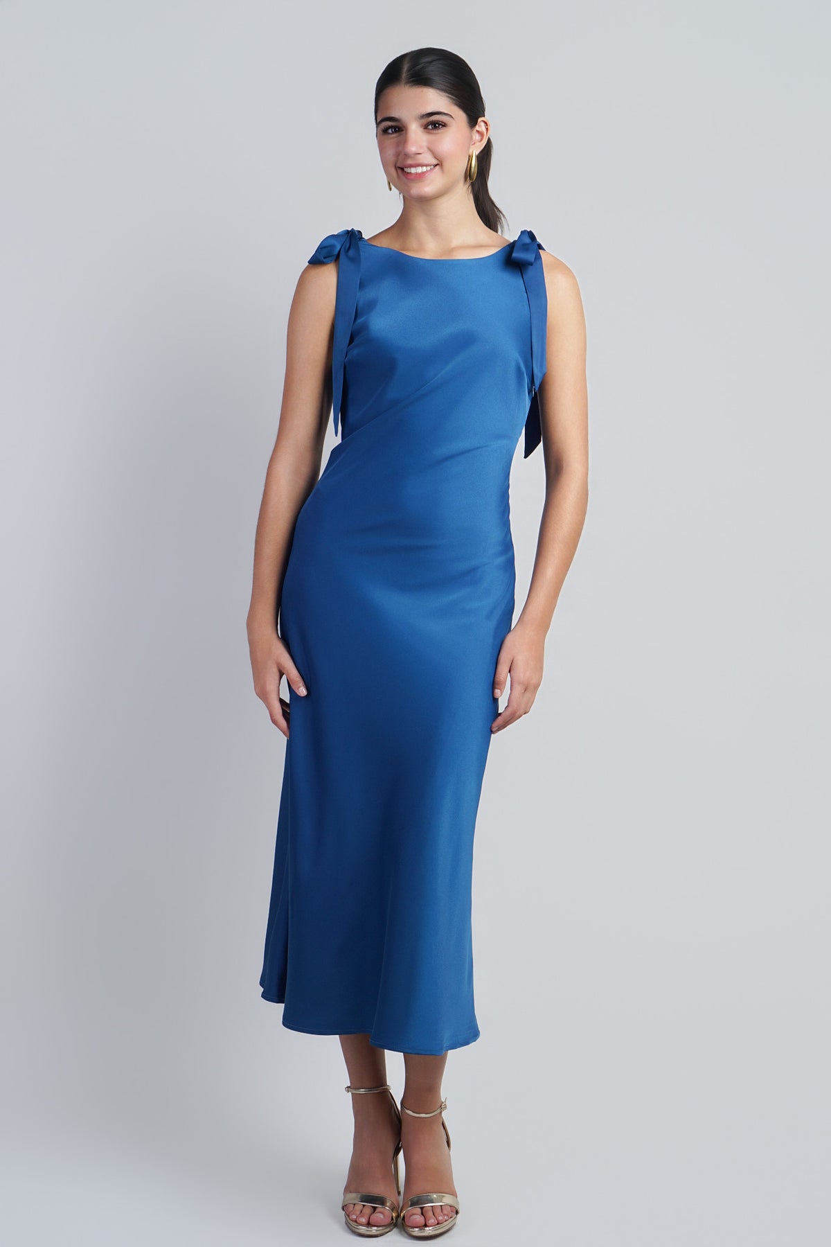 Cobalt Solid Satin Cowl Back Sleeveless Bow Midi Dress