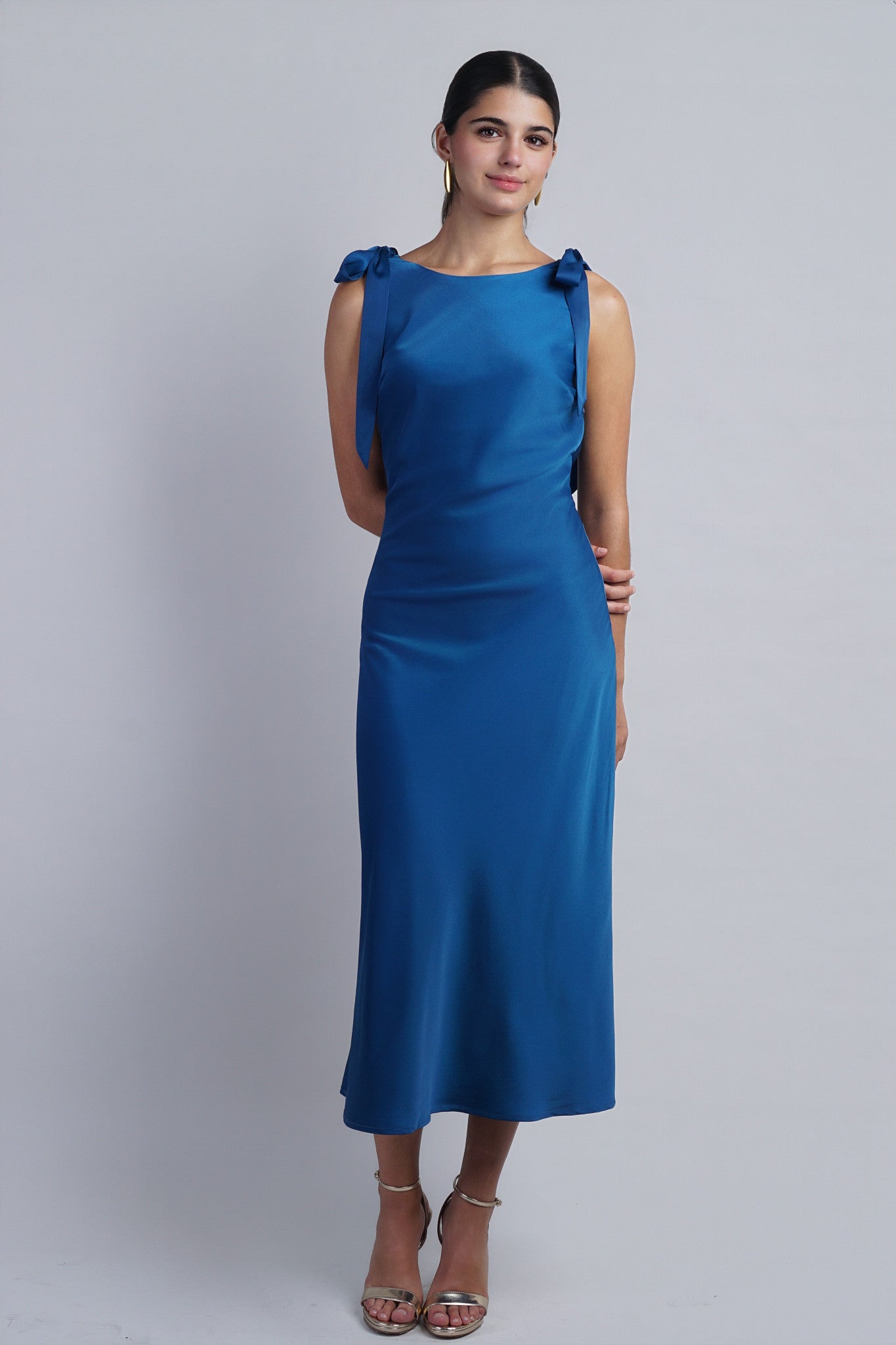 Cobalt Solid Satin Cowl Back Sleeveless Bow Midi Dress