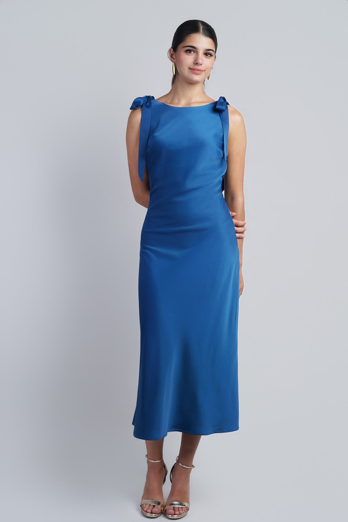 Cobalt Solid Satin Cowl Back Sleeveless Bow Midi Dress