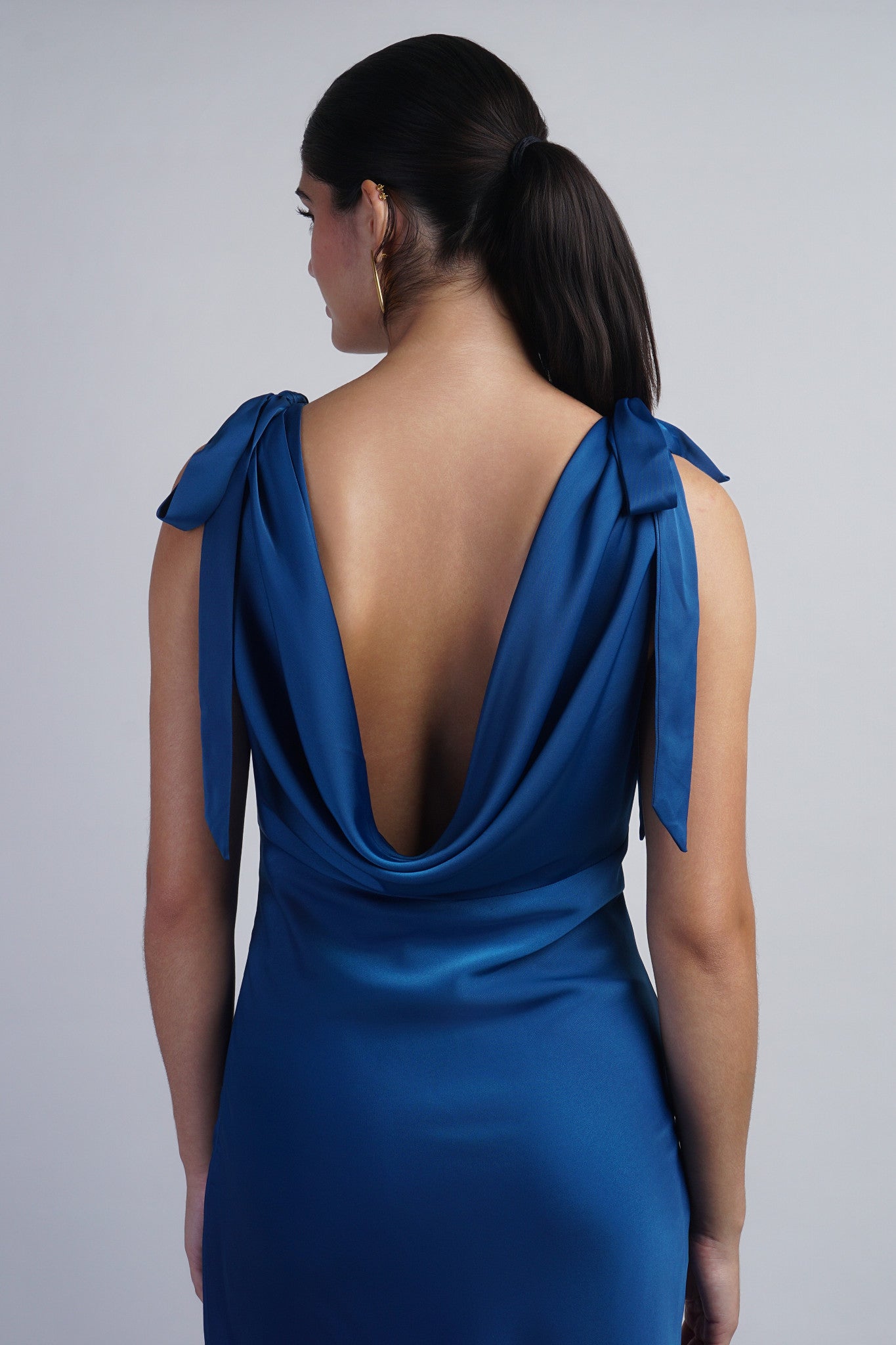 Cobalt Solid Satin Cowl Back Sleeveless Bow Midi Dress