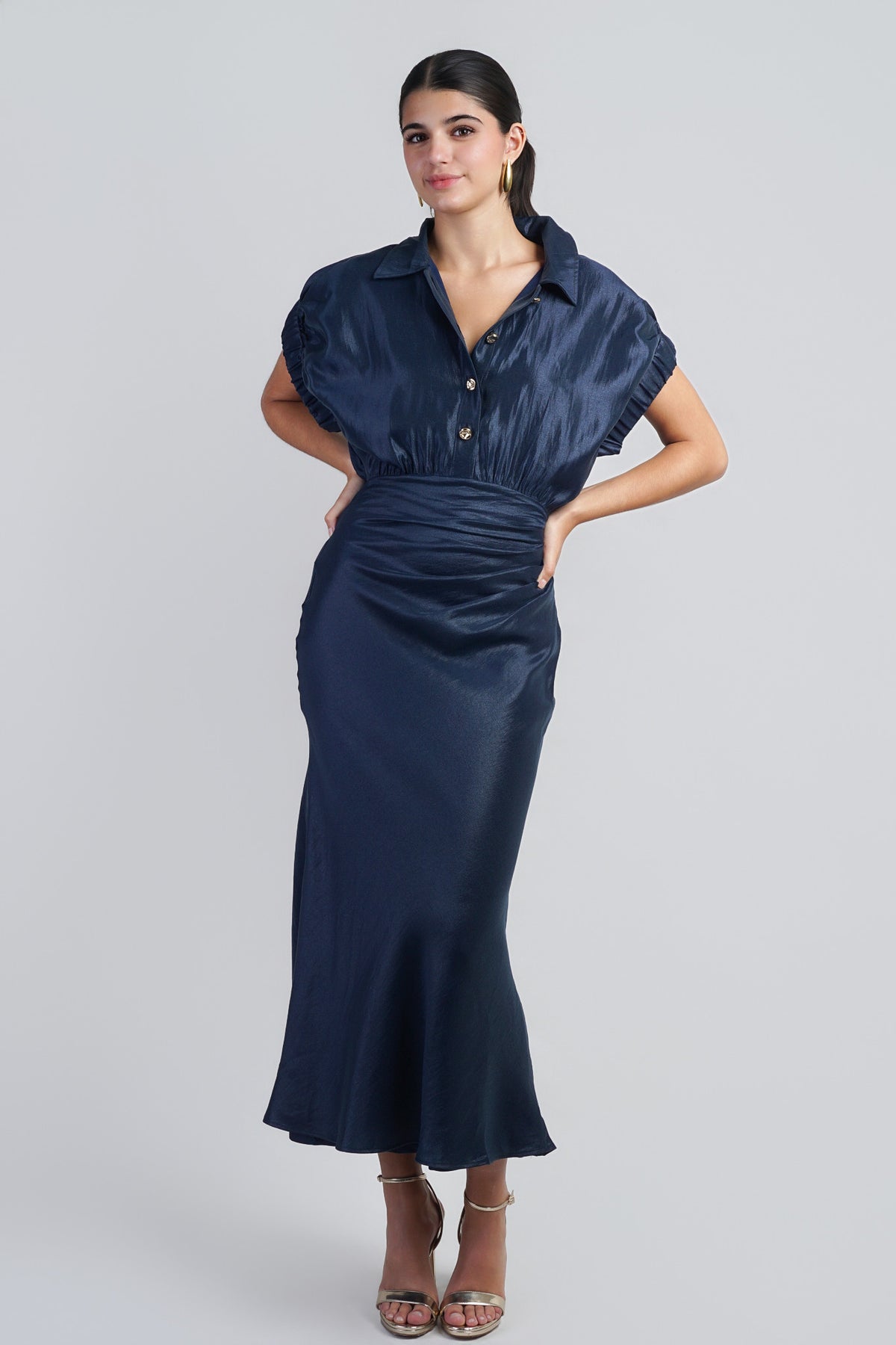 Navy Metallic Short Sleeve Dress w/ Buttons