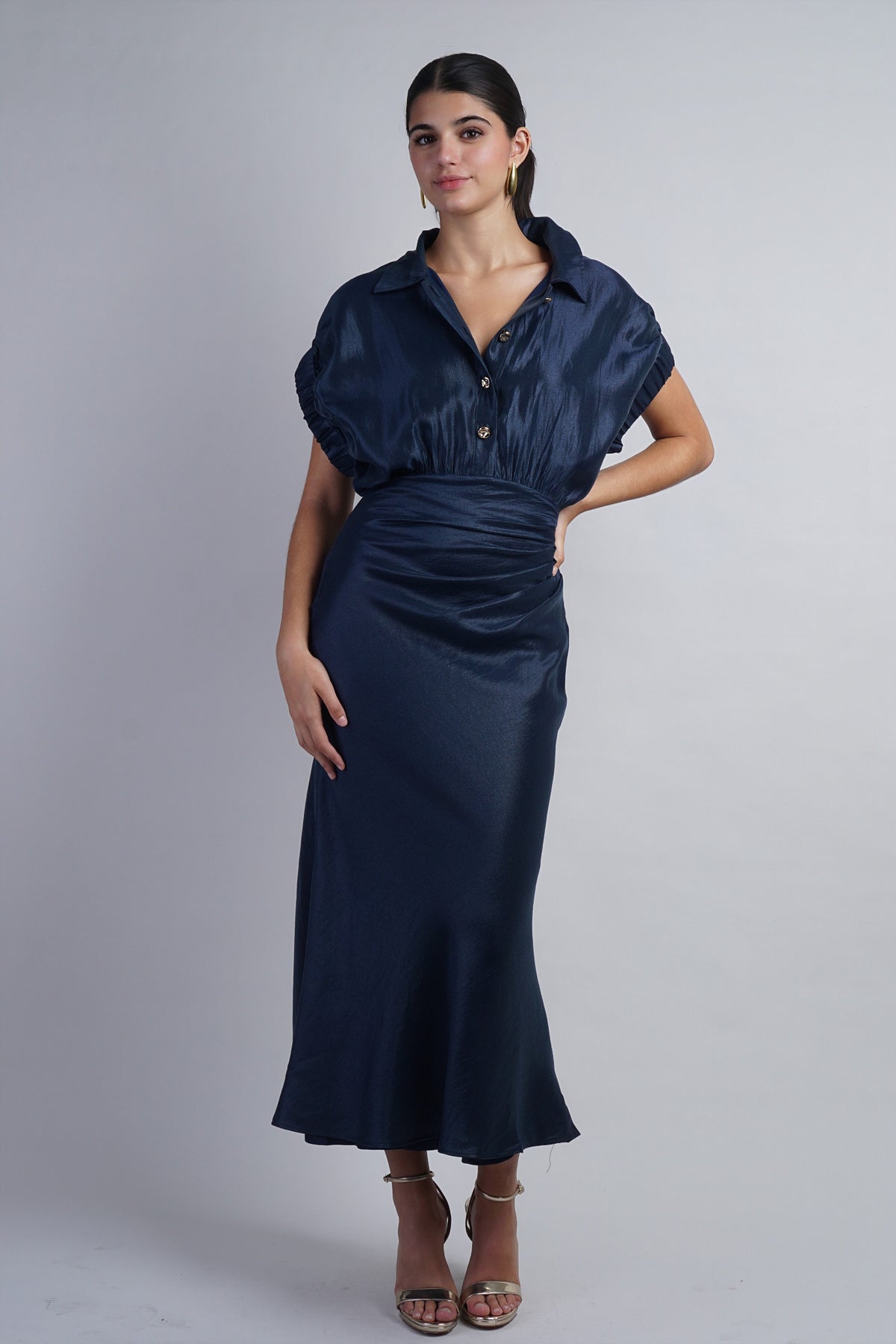 Navy Metallic Short Sleeve Dress w/ Buttons