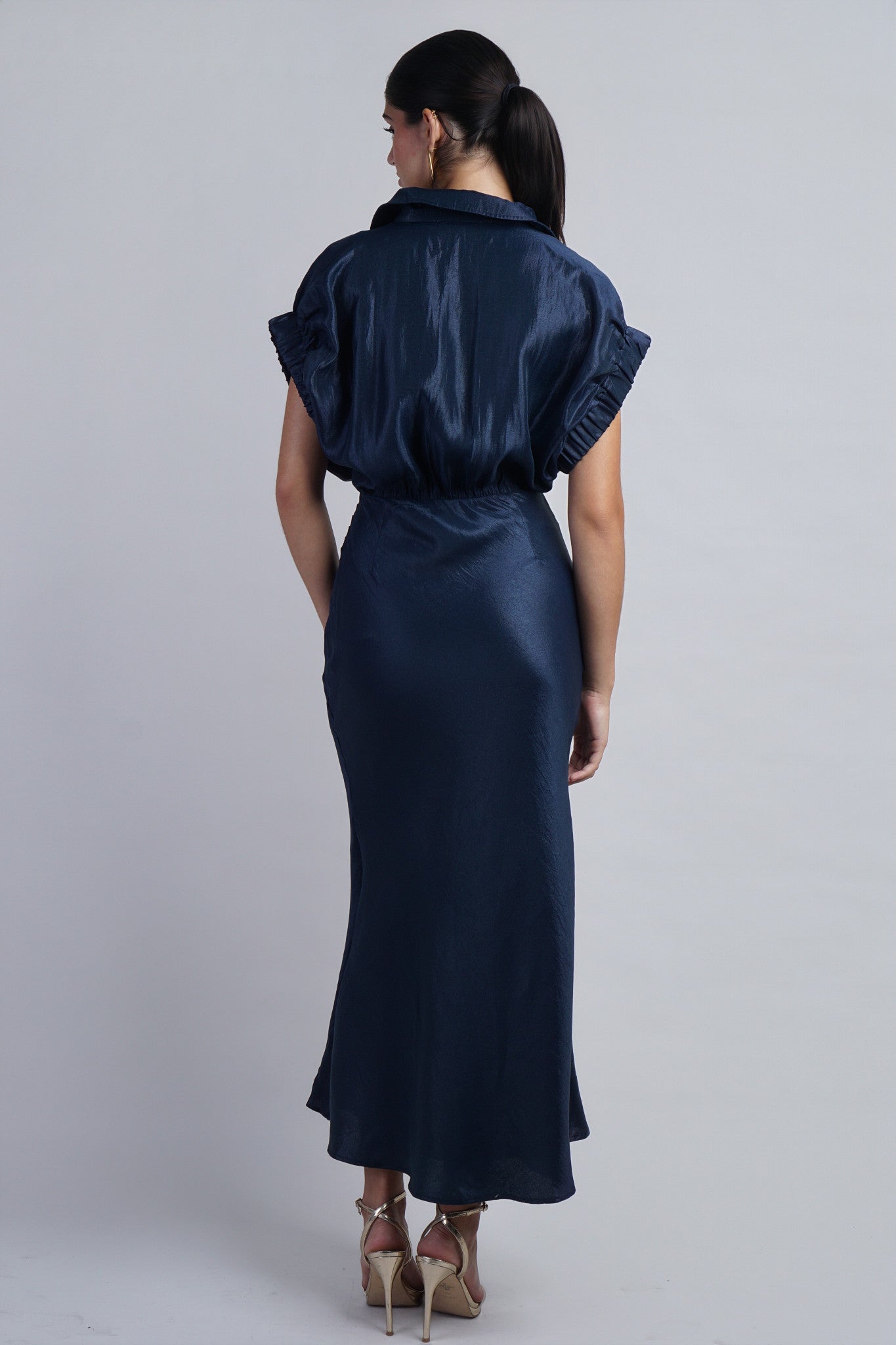 Navy Metallic Short Sleeve Dress w/ Buttons