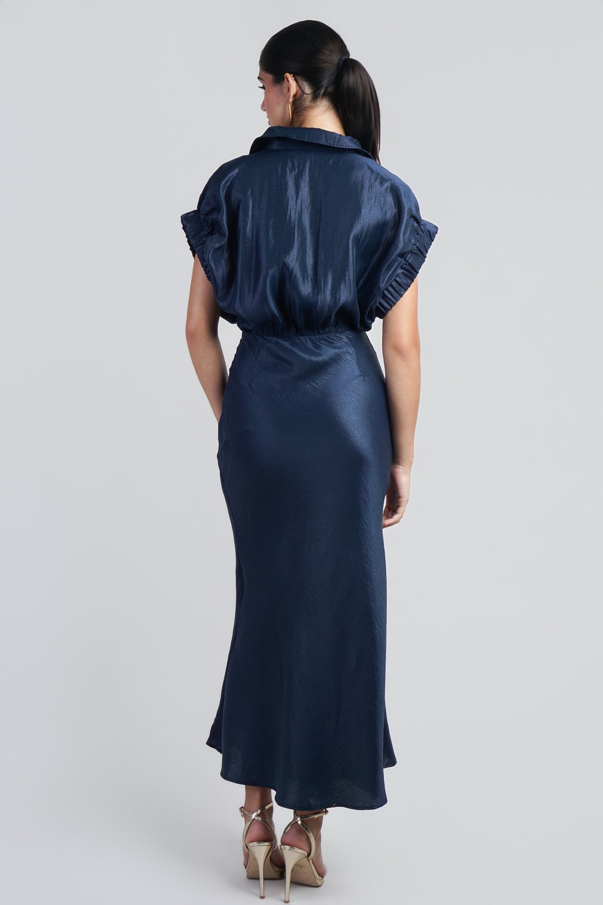 Navy Metallic Short Sleeve Dress w/ Buttons