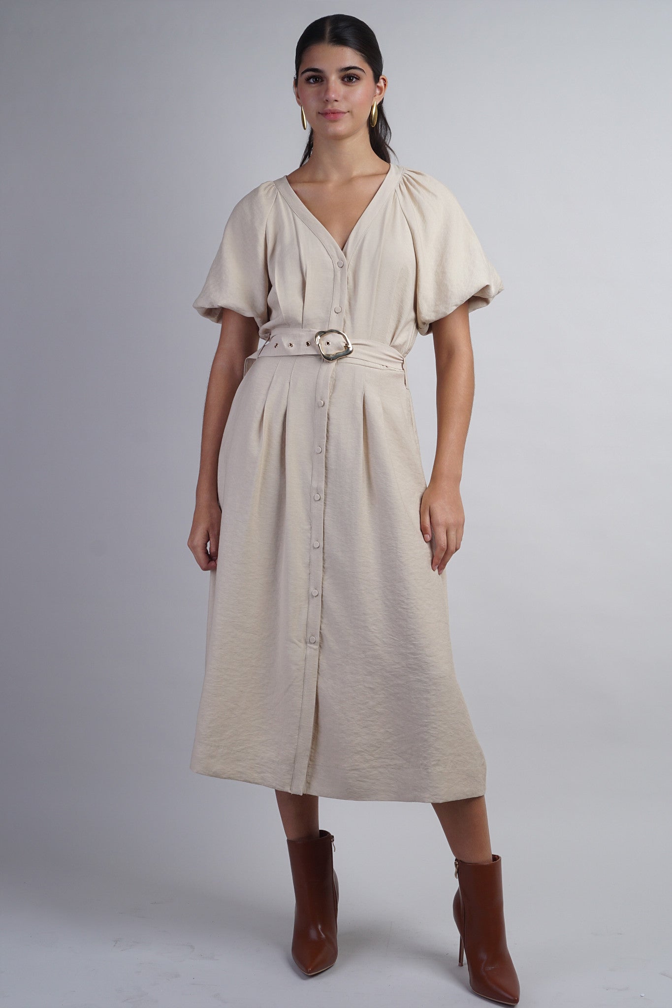 Taupe Raglan Bubble SLV Button Down Midi Dress W Belt