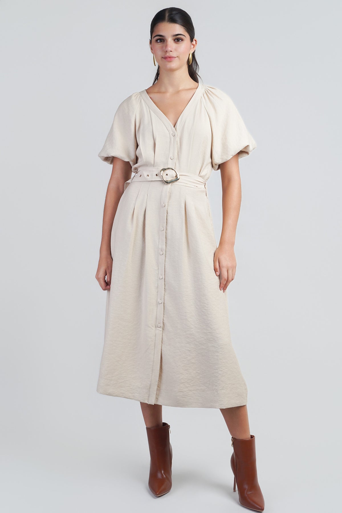 Taupe Raglan Bubble SLV Button Down Midi Dress W Belt