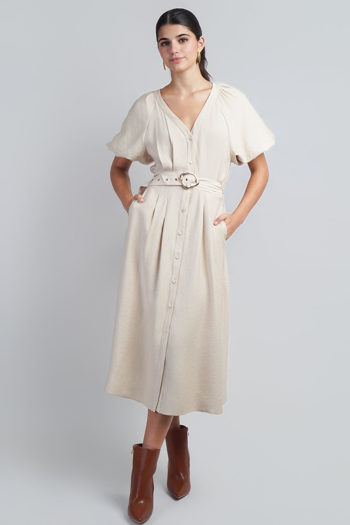 Taupe Raglan Bubble SLV Button Down Midi Dress W Belt