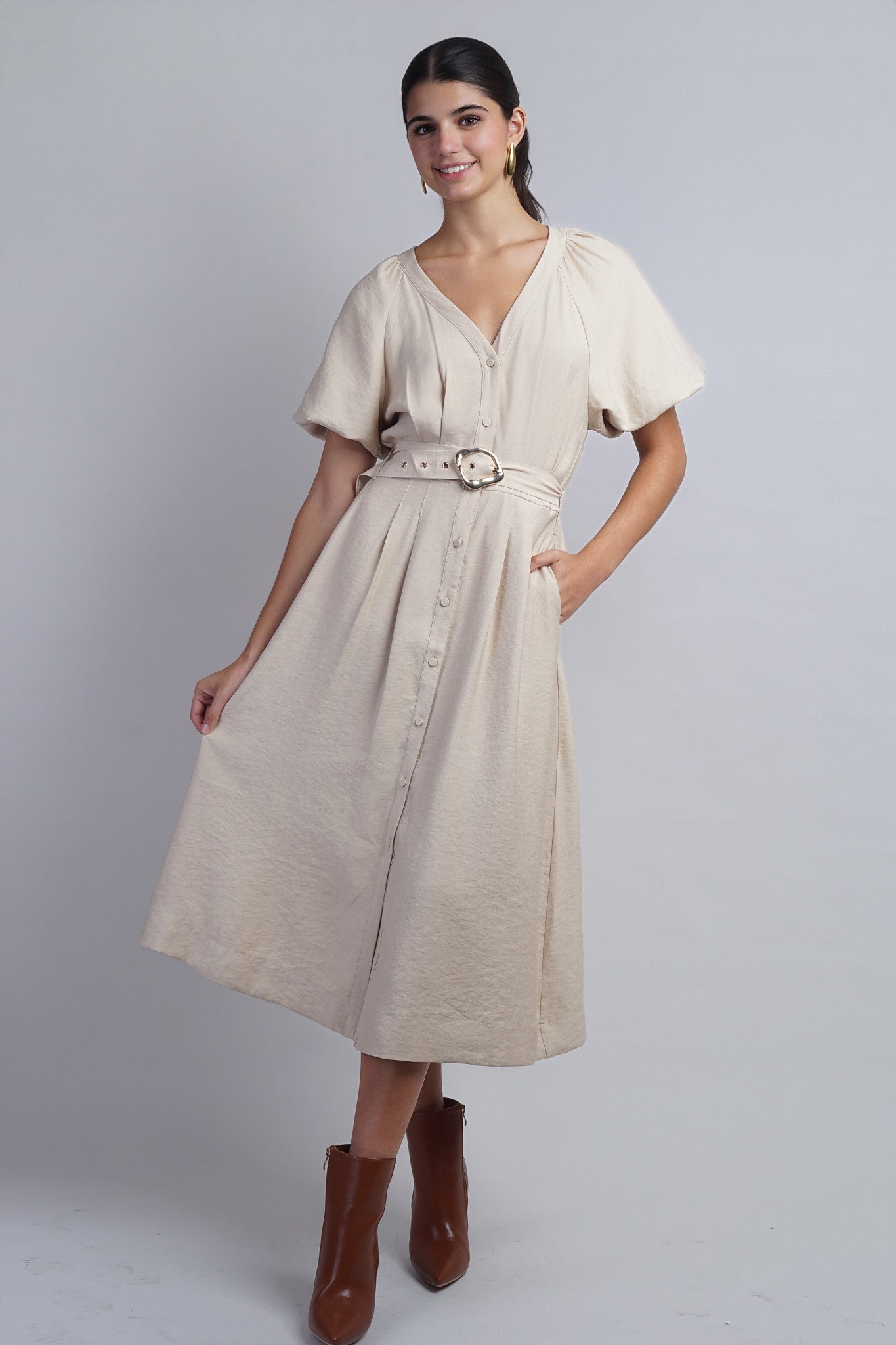 Taupe Raglan Bubble SLV Button Down Midi Dress W Belt