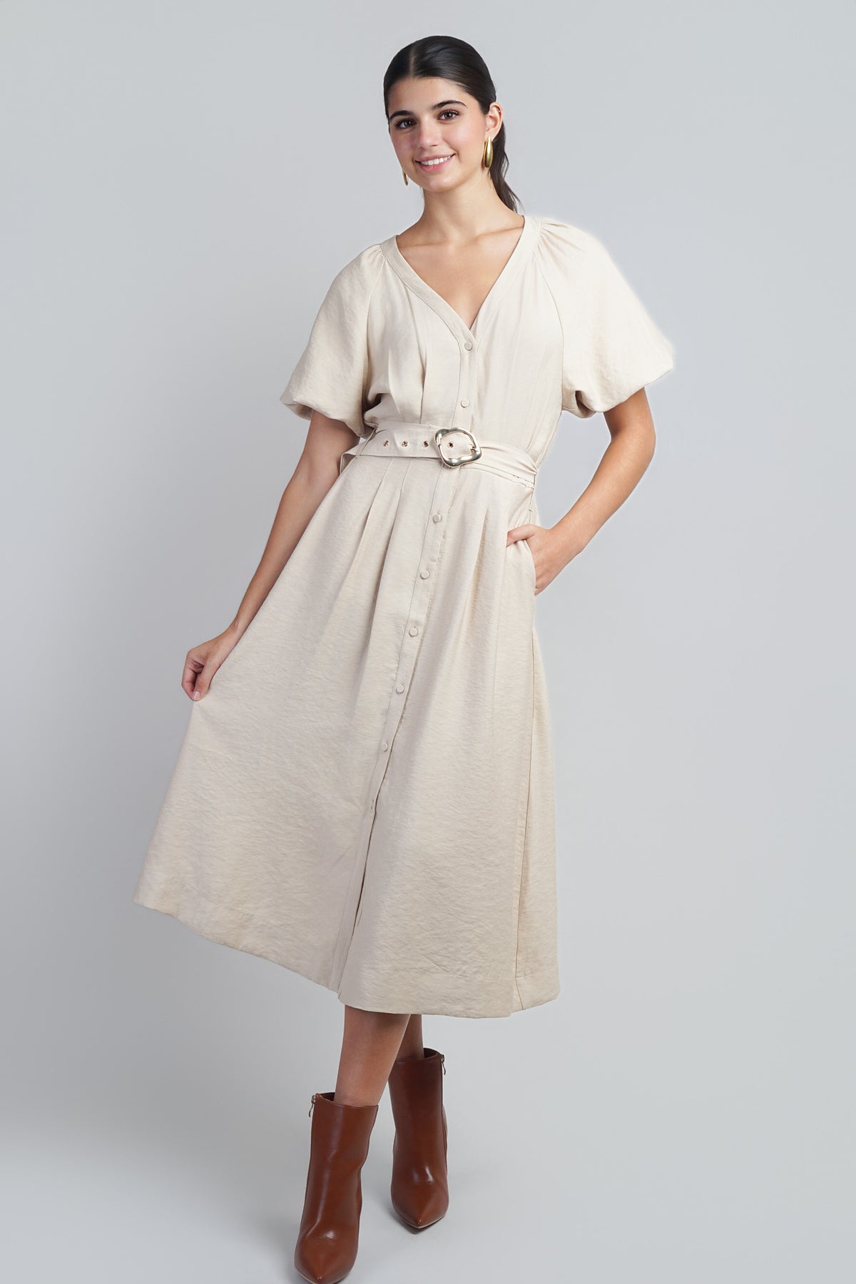 Taupe Raglan Bubble SLV Button Down Midi Dress W Belt