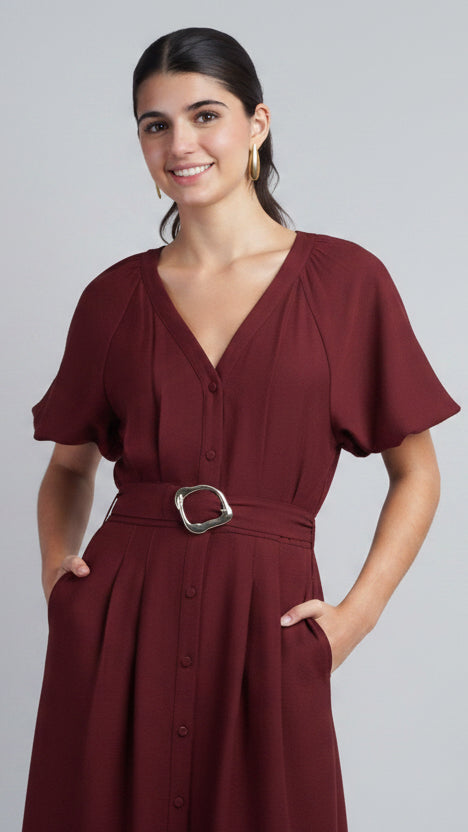 Wine Raglan Bubble SLV Button Down Midi Dress W Belt