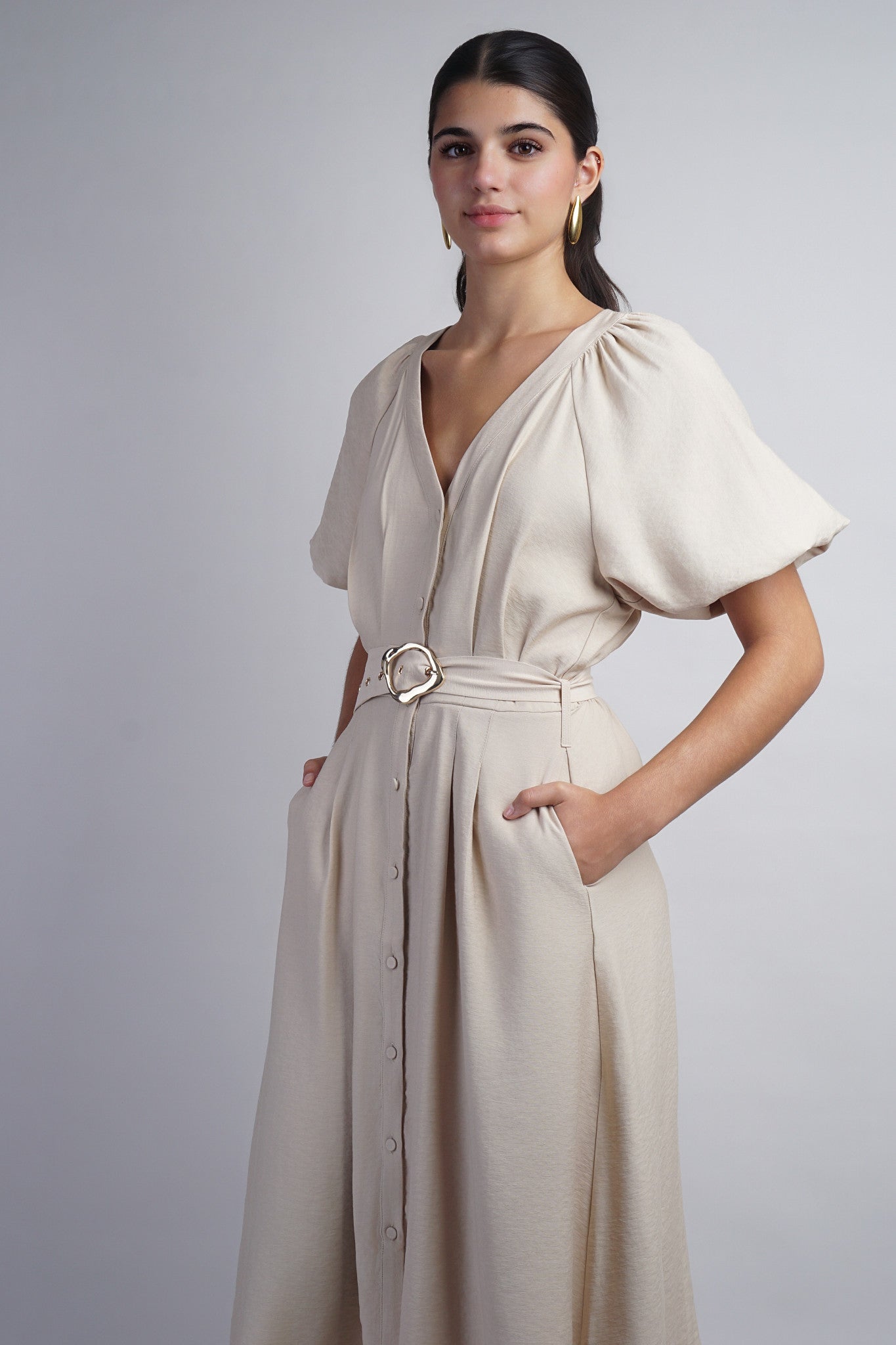 Taupe Raglan Bubble SLV Button Down Midi Dress W Belt
