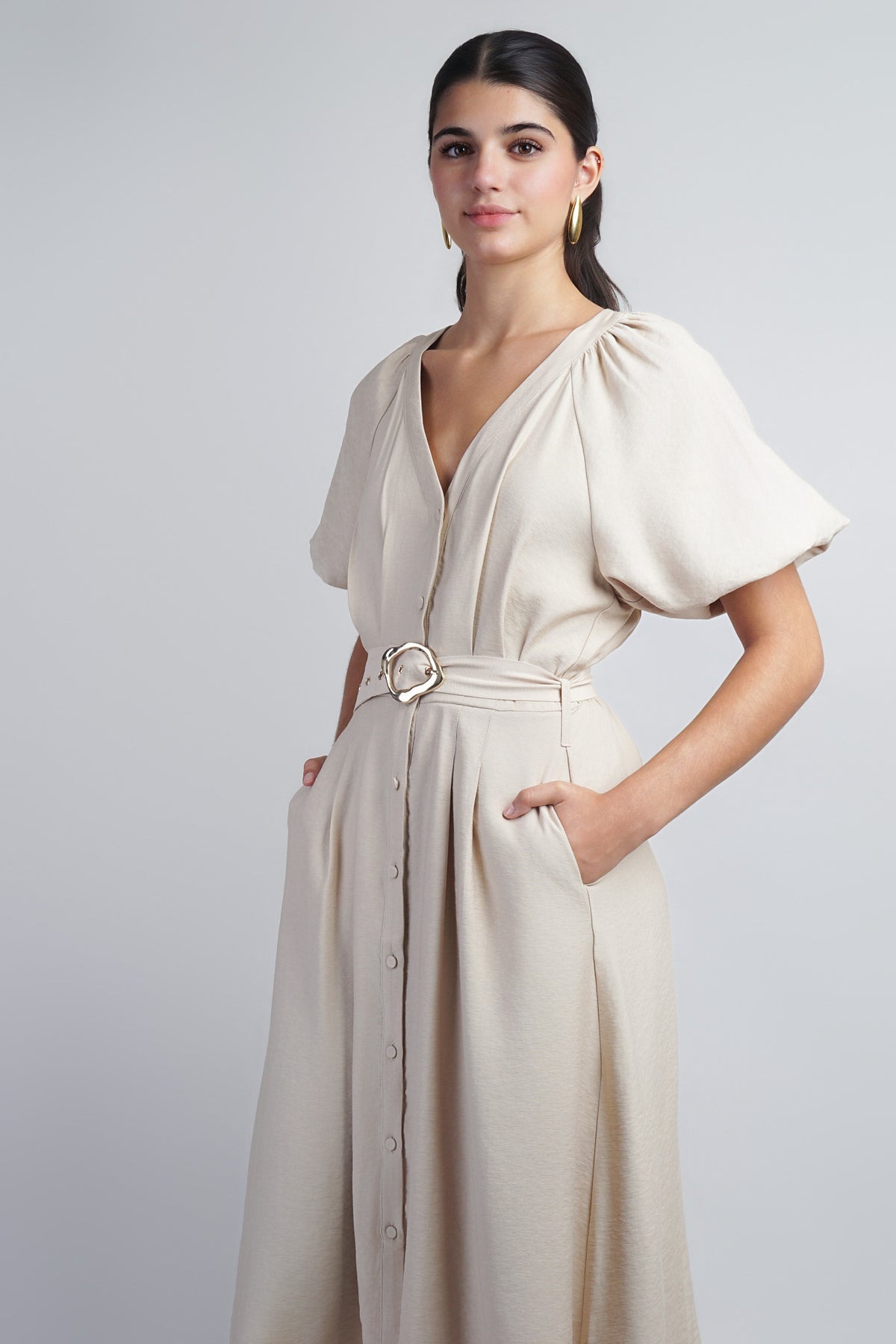 Taupe Raglan Bubble SLV Button Down Midi Dress W Belt