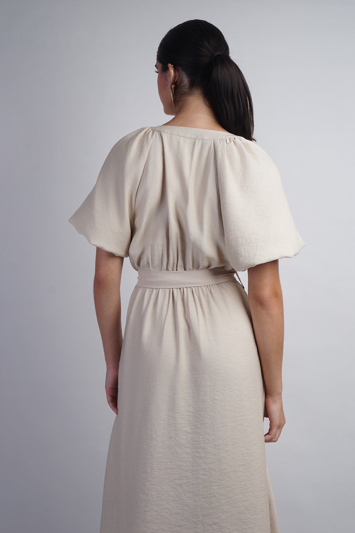 Taupe Raglan Bubble SLV Button Down Midi Dress W Belt