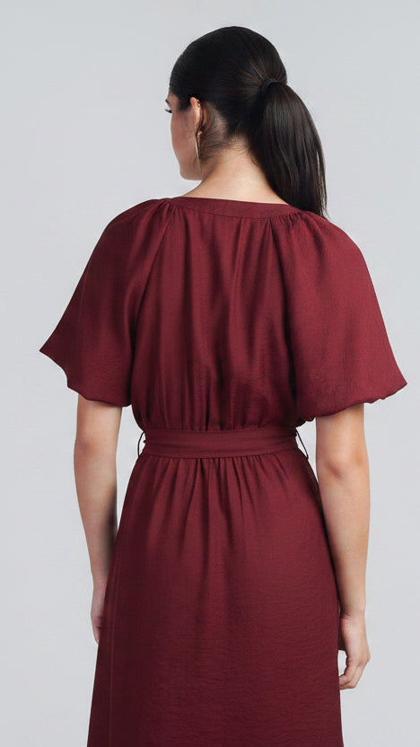 Wine Raglan Bubble SLV Button Down Midi Dress W Belt