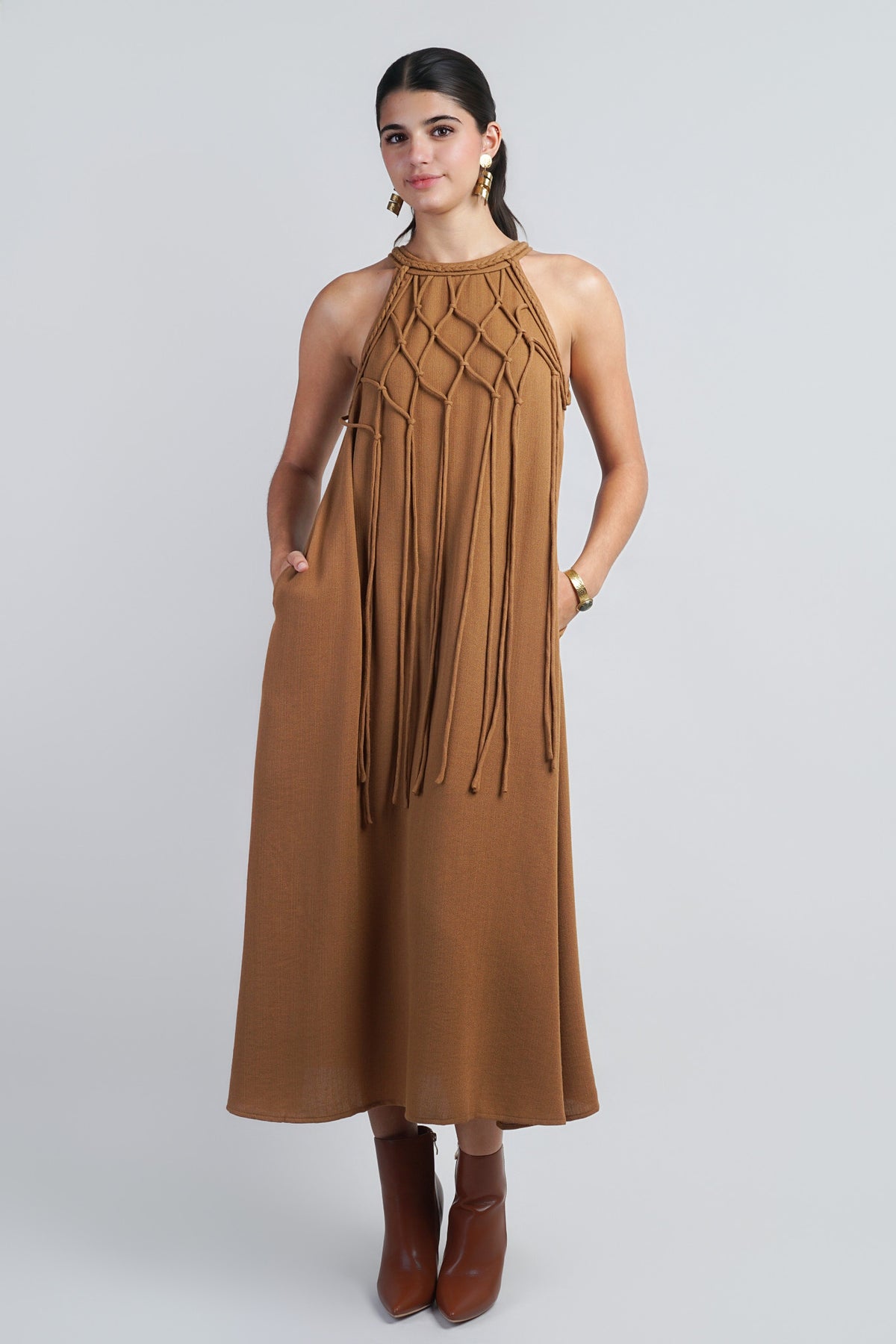 Golden Brown Halter-Macrame Tassel Midi Dress