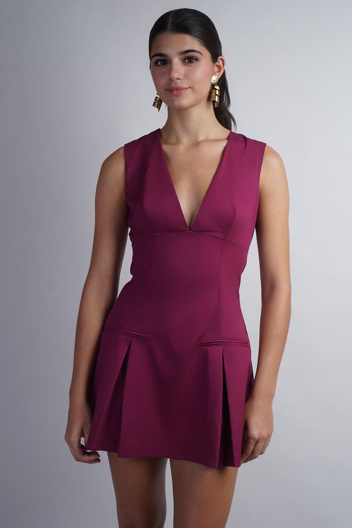 Berry Deep V Neck Mini Dress W/ Pleated Skirt And Fitted Bodice
