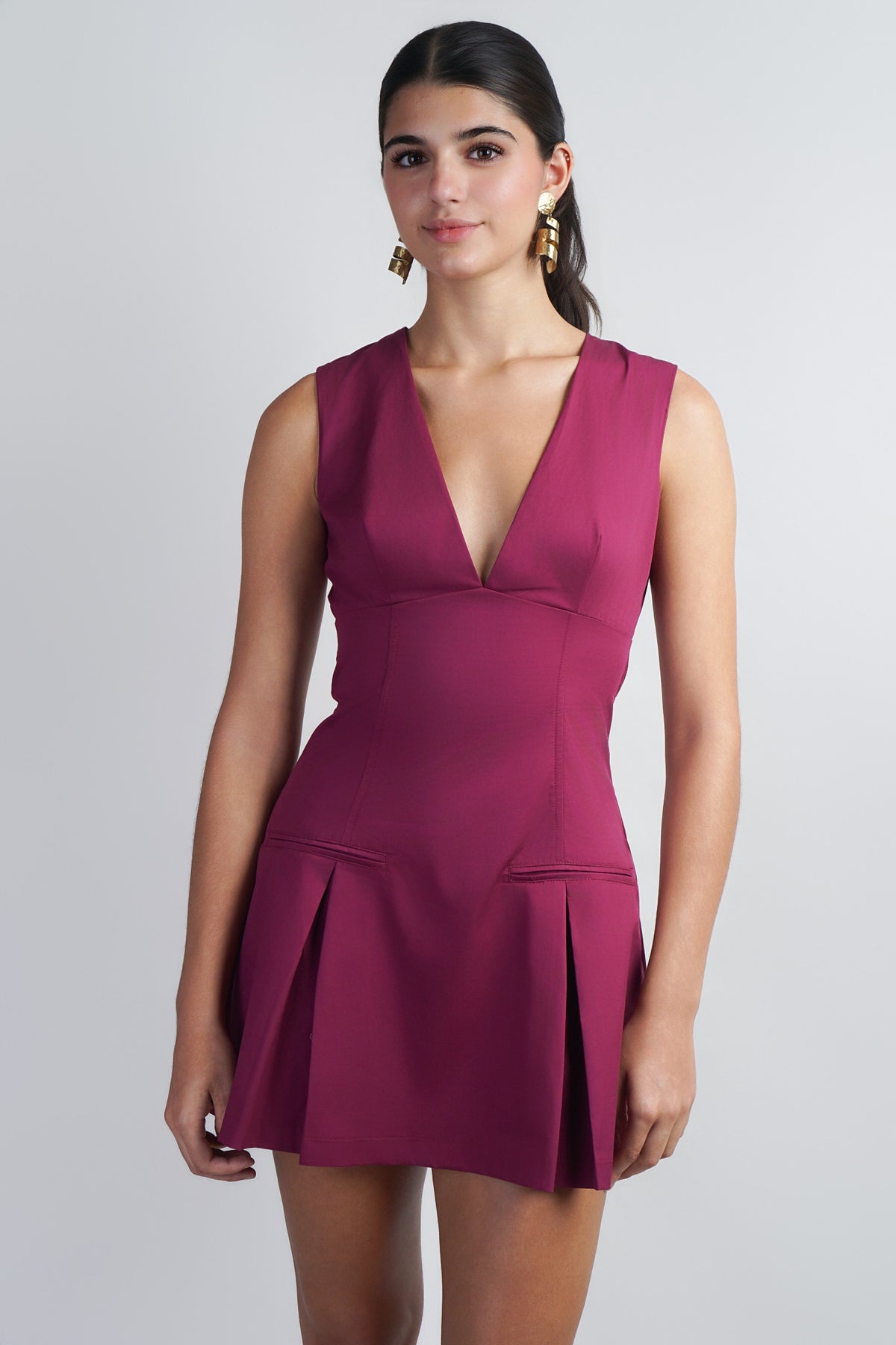 Berry Deep V Neck Pleated  Dress