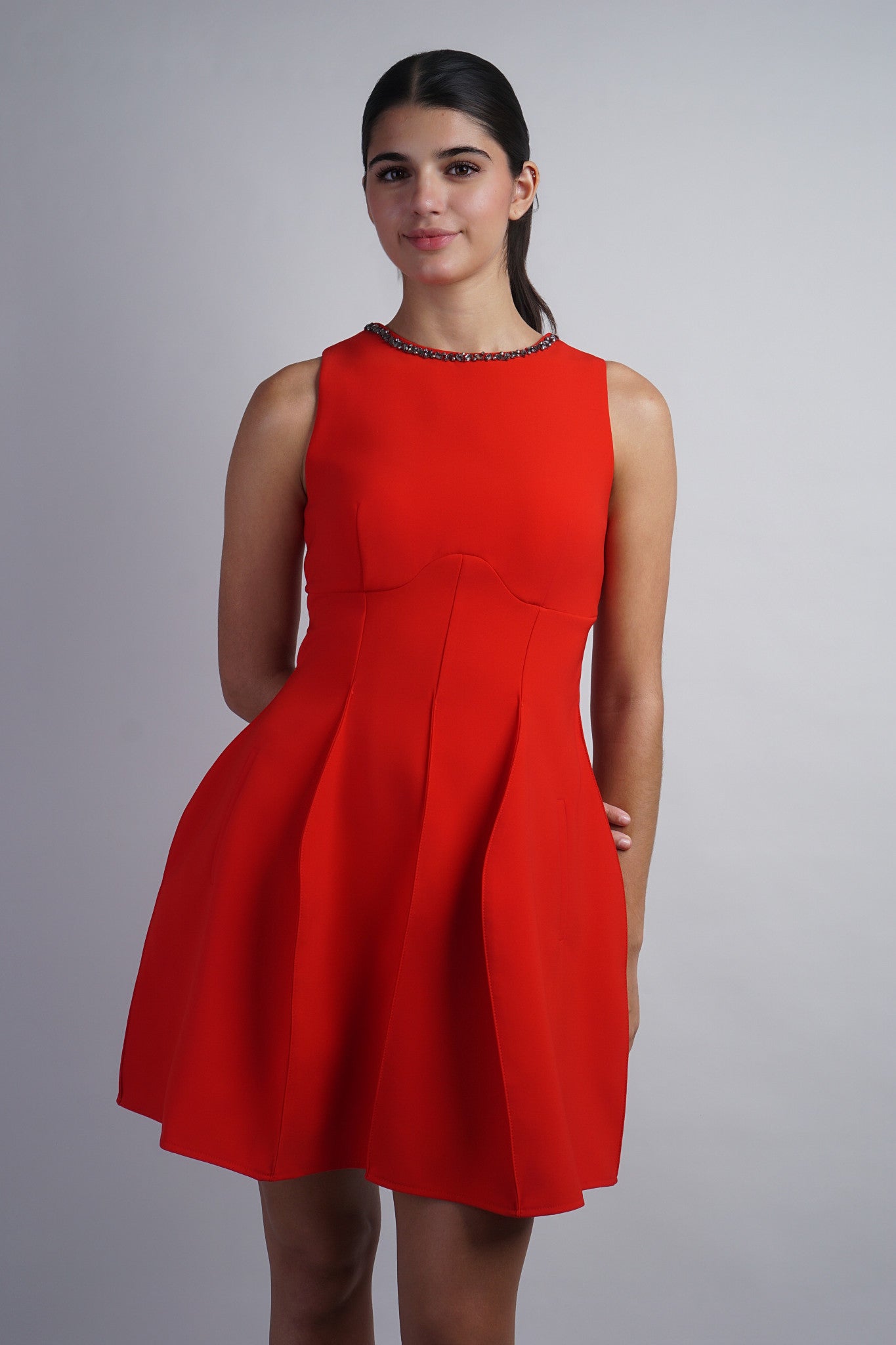 Embellished Crew Neck Dress with Geometric skirt