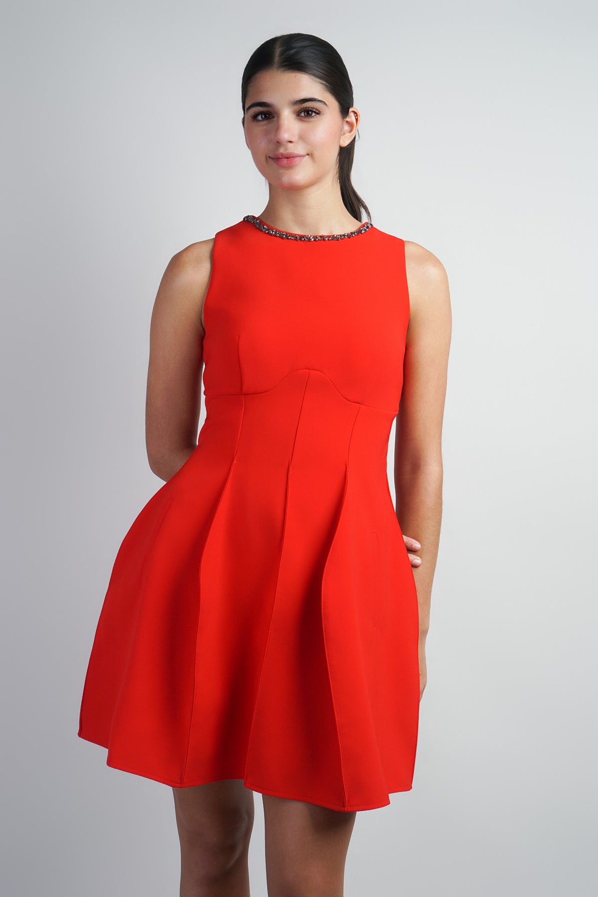 Embellished Crew Neck Dress with Geometric skirt