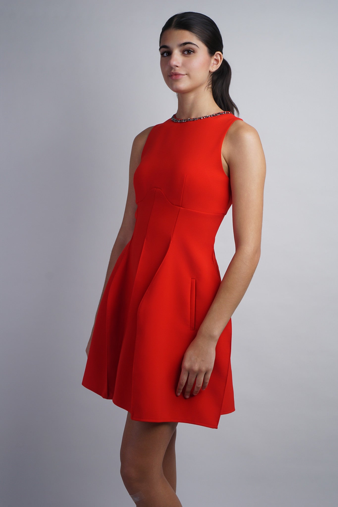 Embellished Crew Neck Dress with Geometric skirt