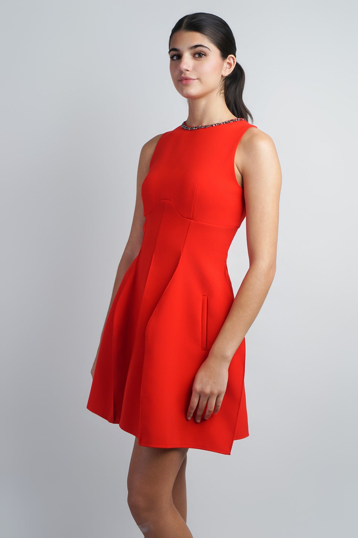 Embellished Crew Neck Dress with Geometric skirt