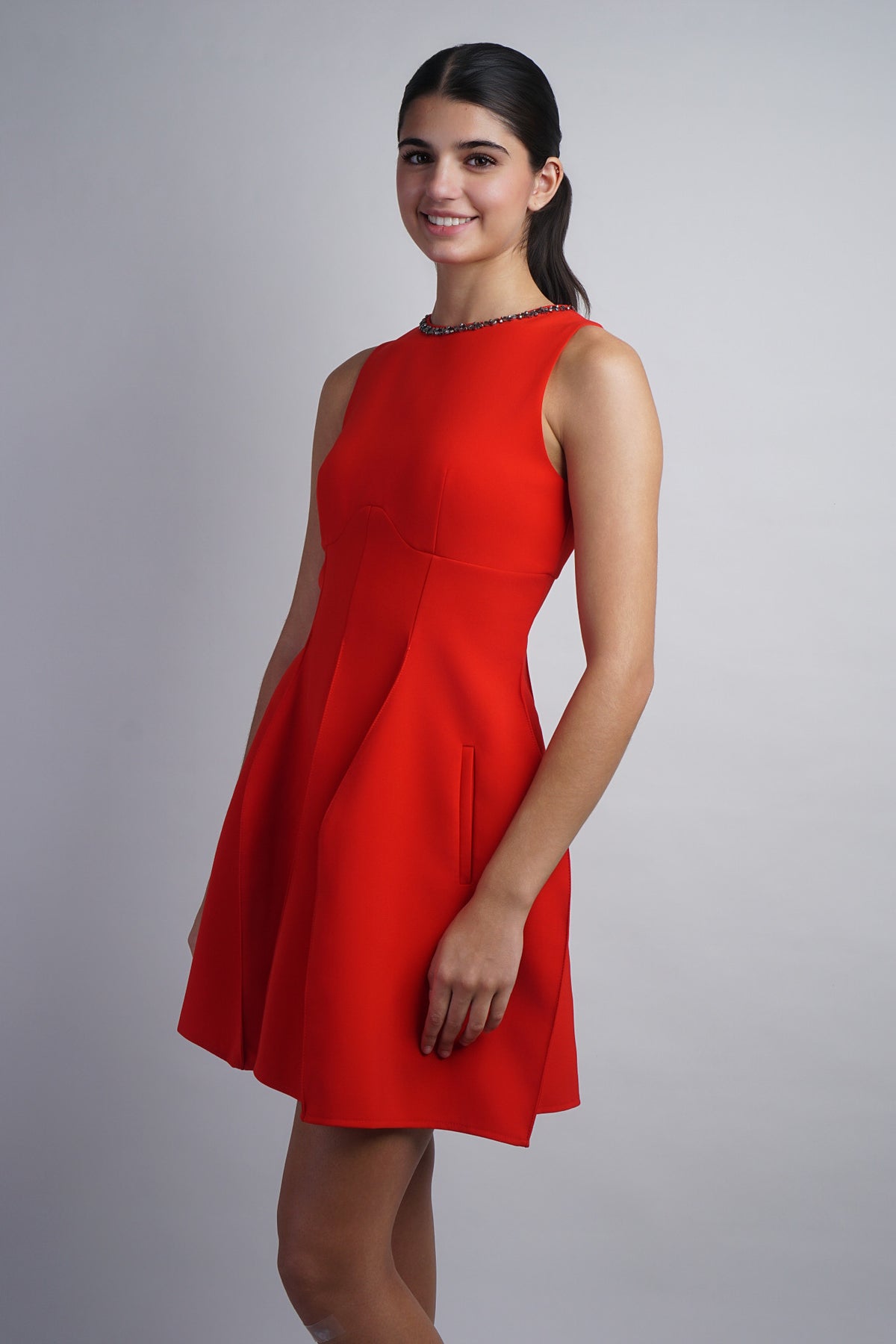 Embellished Crew Neck Dress with Geometric skirt
