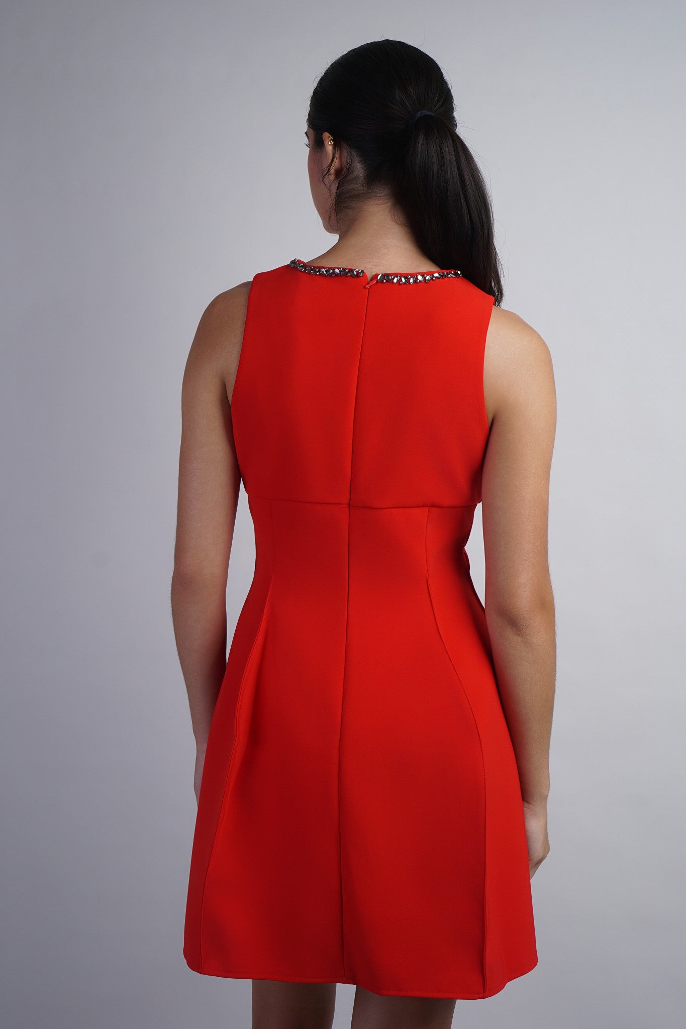 Embellished Crew Neck Dress with Geometric skirt