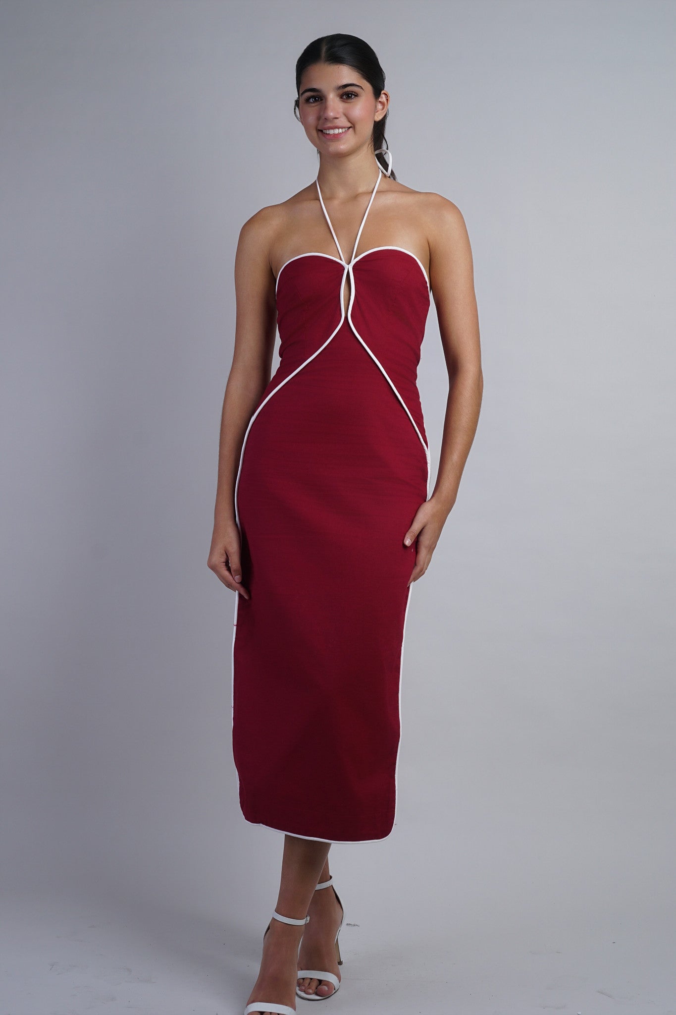 Crimson/White Halter Neck Cutout Mini Dress W/ Contrast Piping