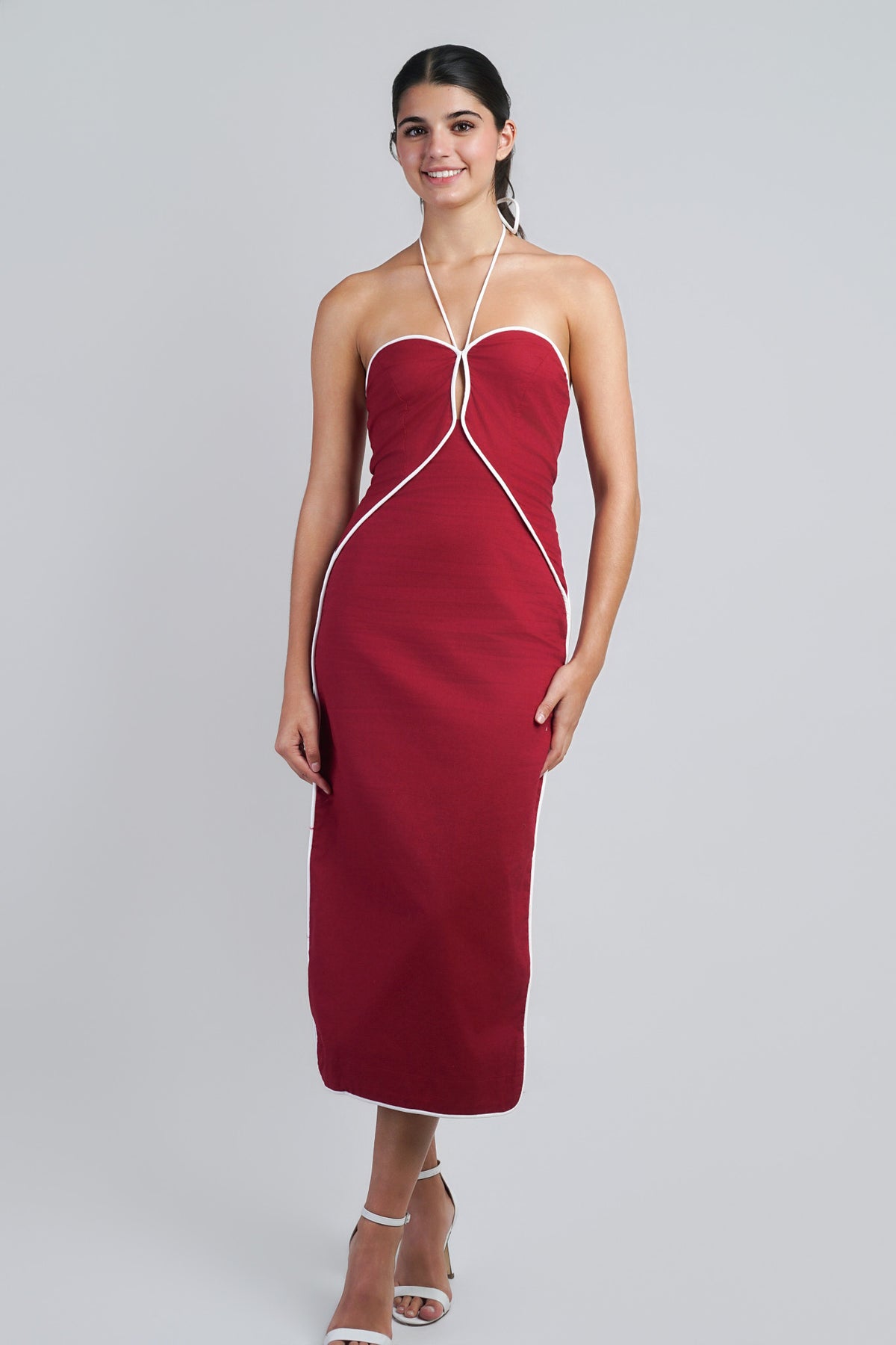 Crimson/White Halter Dress Contrast Piping