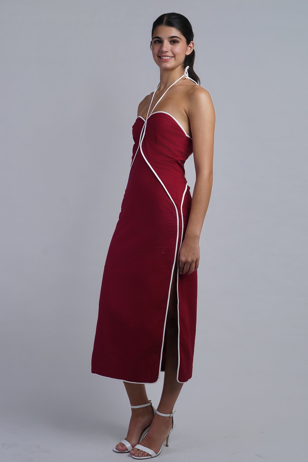 Crimson/White Halter Neck Cutout Mini Dress W/ Contrast Piping