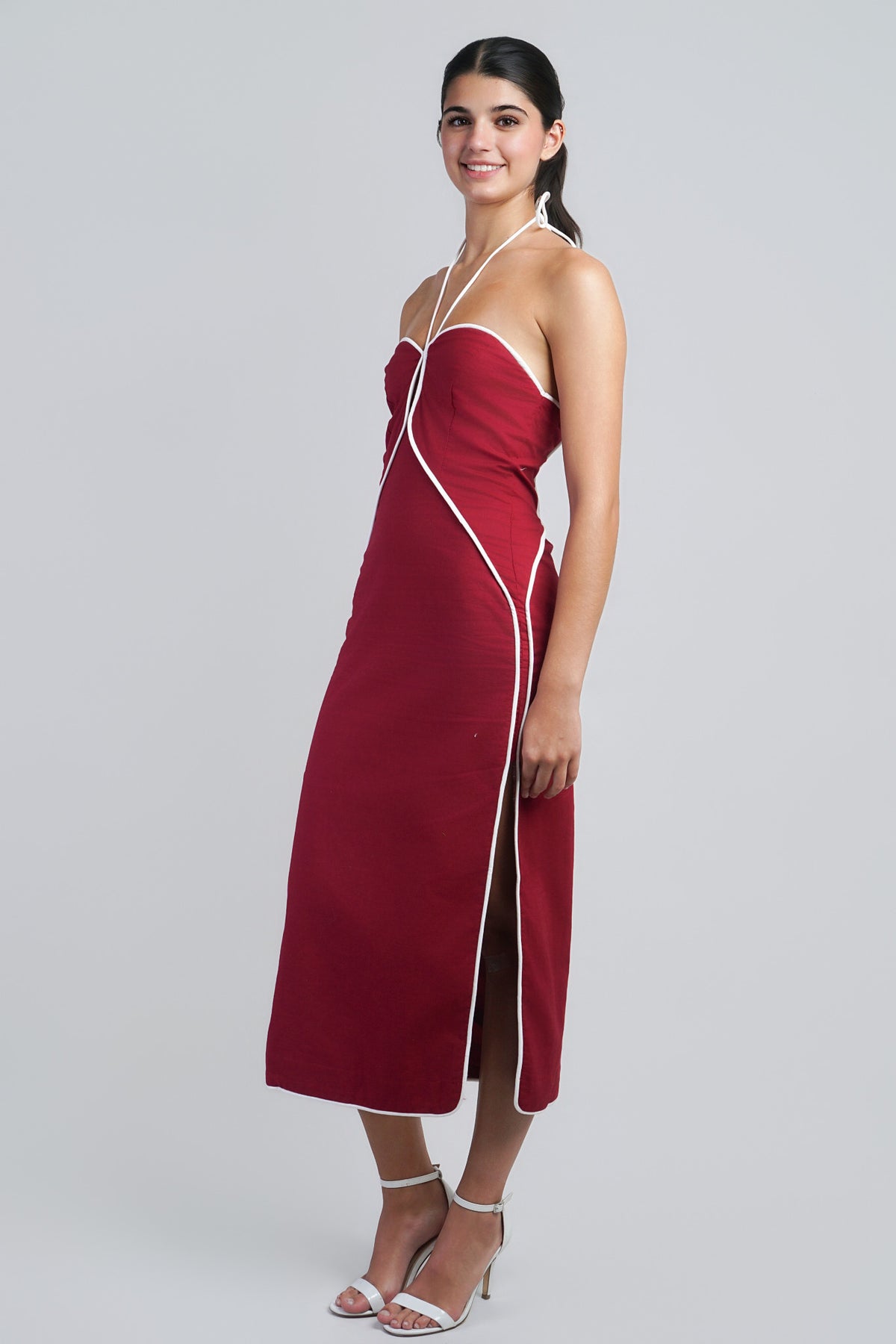 Crimson/White Halter Dress Contrast Piping