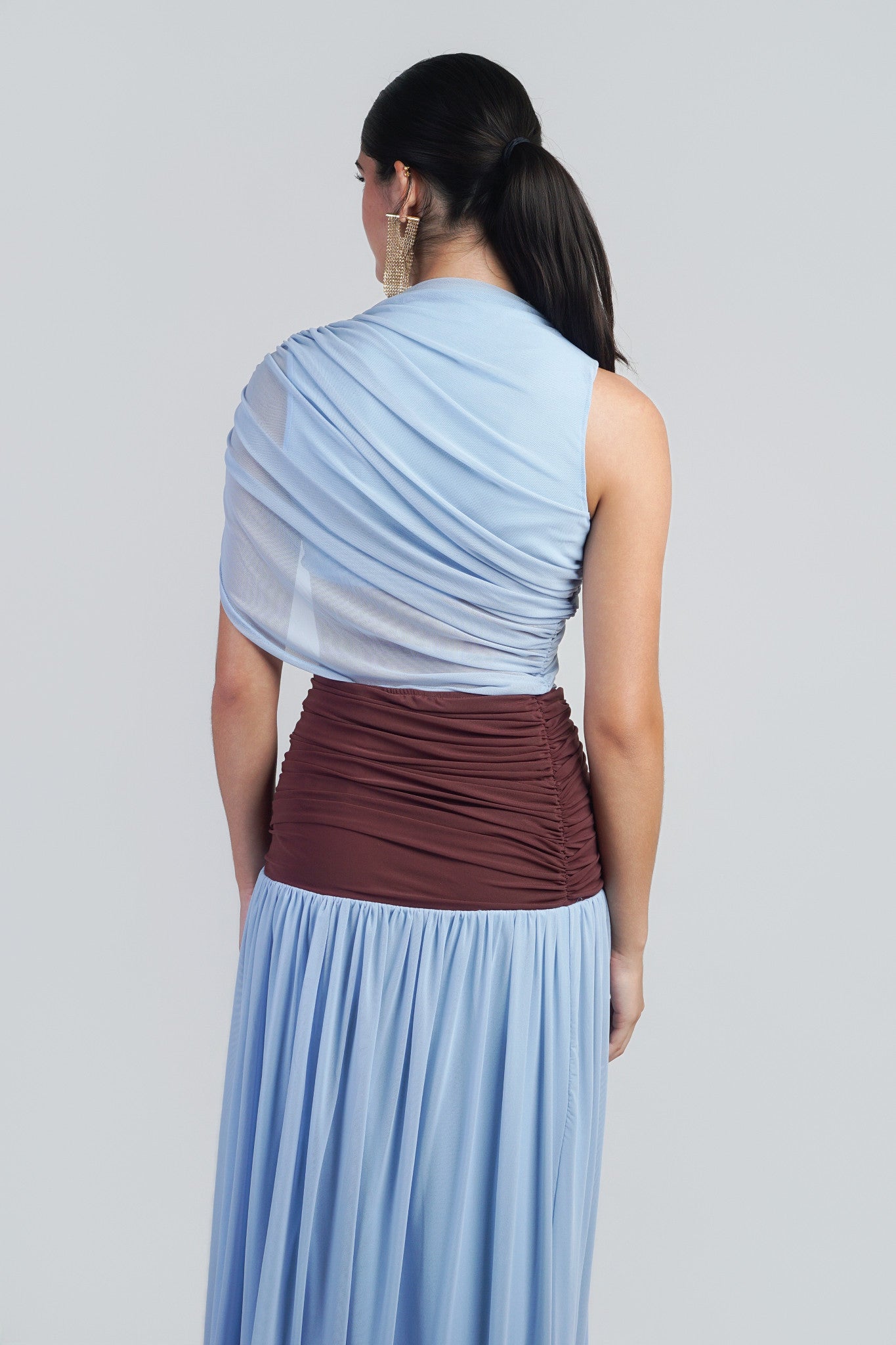 Blue Colorblock Mesh Maxi Dress With Contrast Waist Band